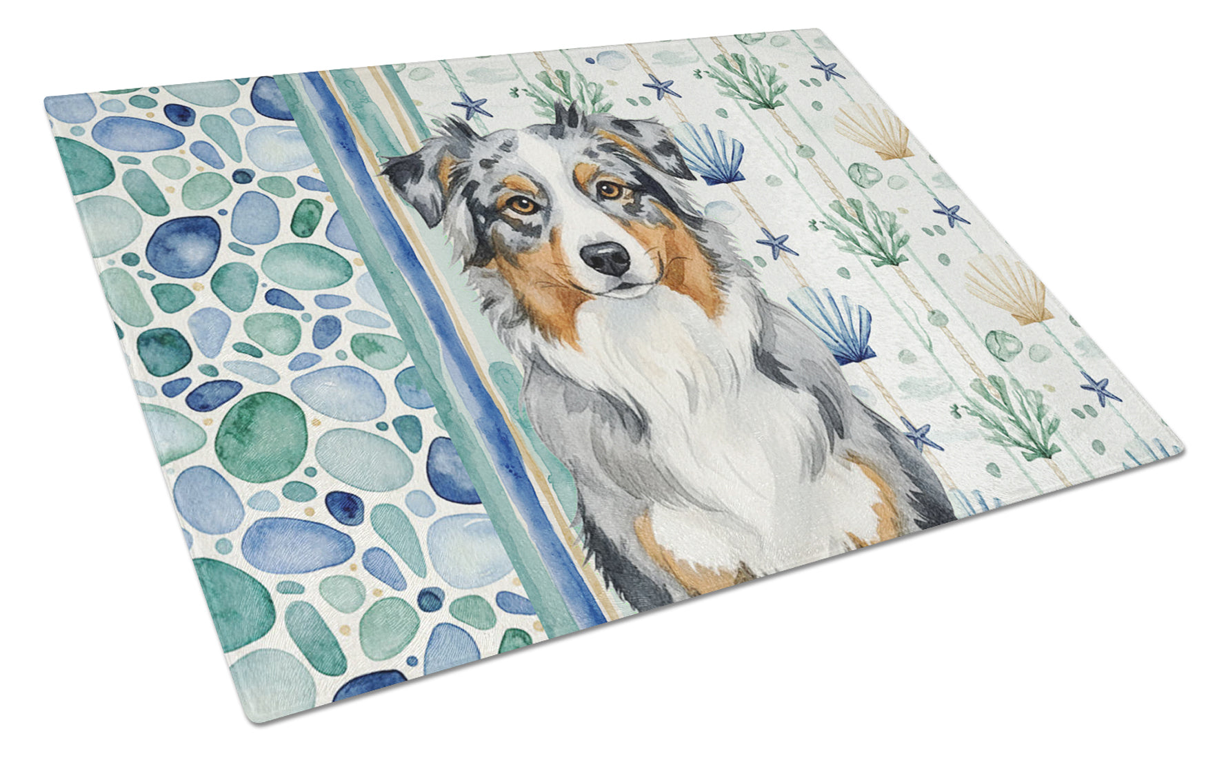 Blue Merle Australian Shepherd Coastal Sea Glass Cutting Board Tempered Glass Kitchen Cutting Surface, Heat Resistant Chopping, Non-Slip Feet, Food Prep & Serving
