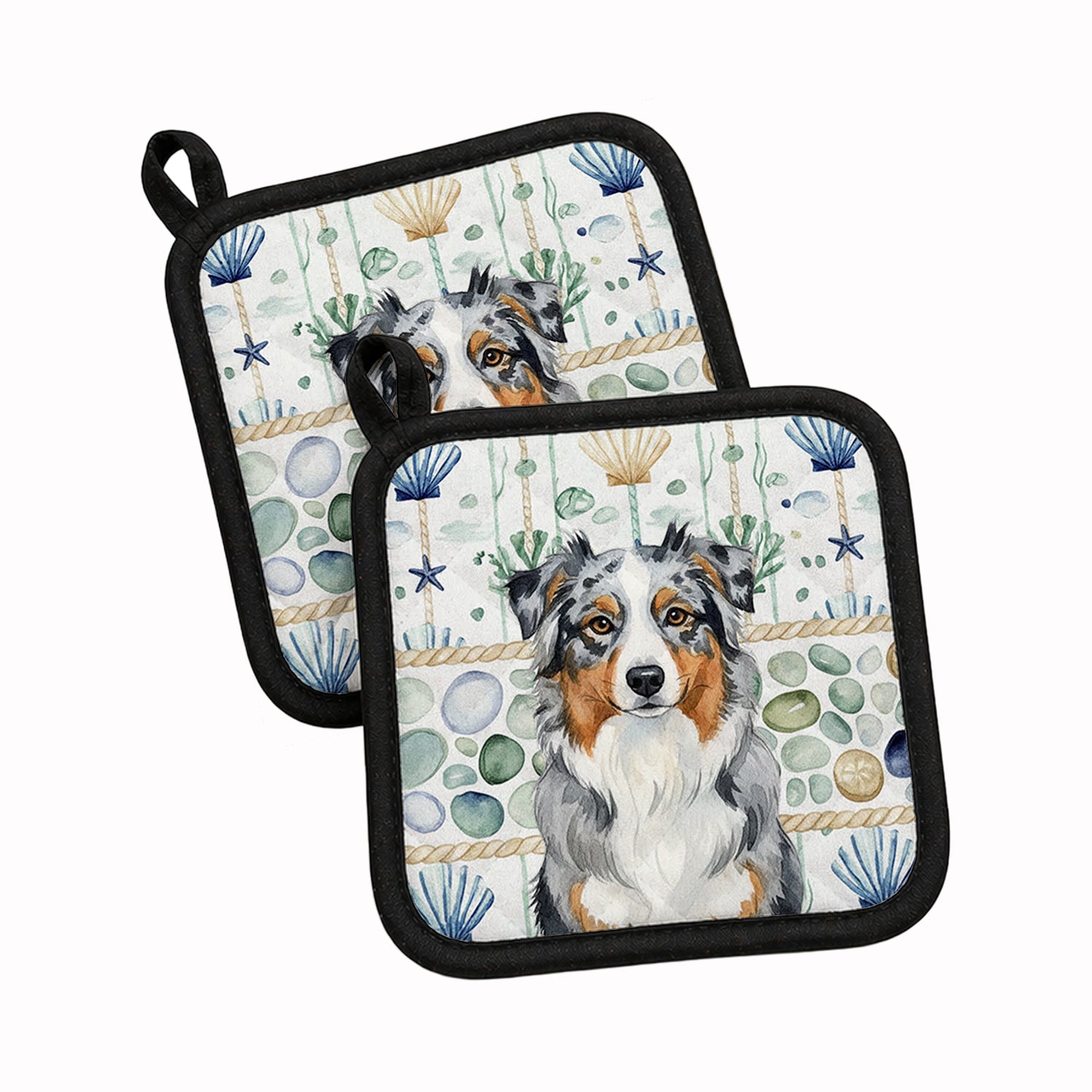 Blue Merle Australian Shepherd Coastal Sea Glass Pot Holder Set of 2 Heat Resistant Quilted Hot Pads 7.5 x 7.5 Inch, Insulated Kitchen Trivets for Cooking & Baking