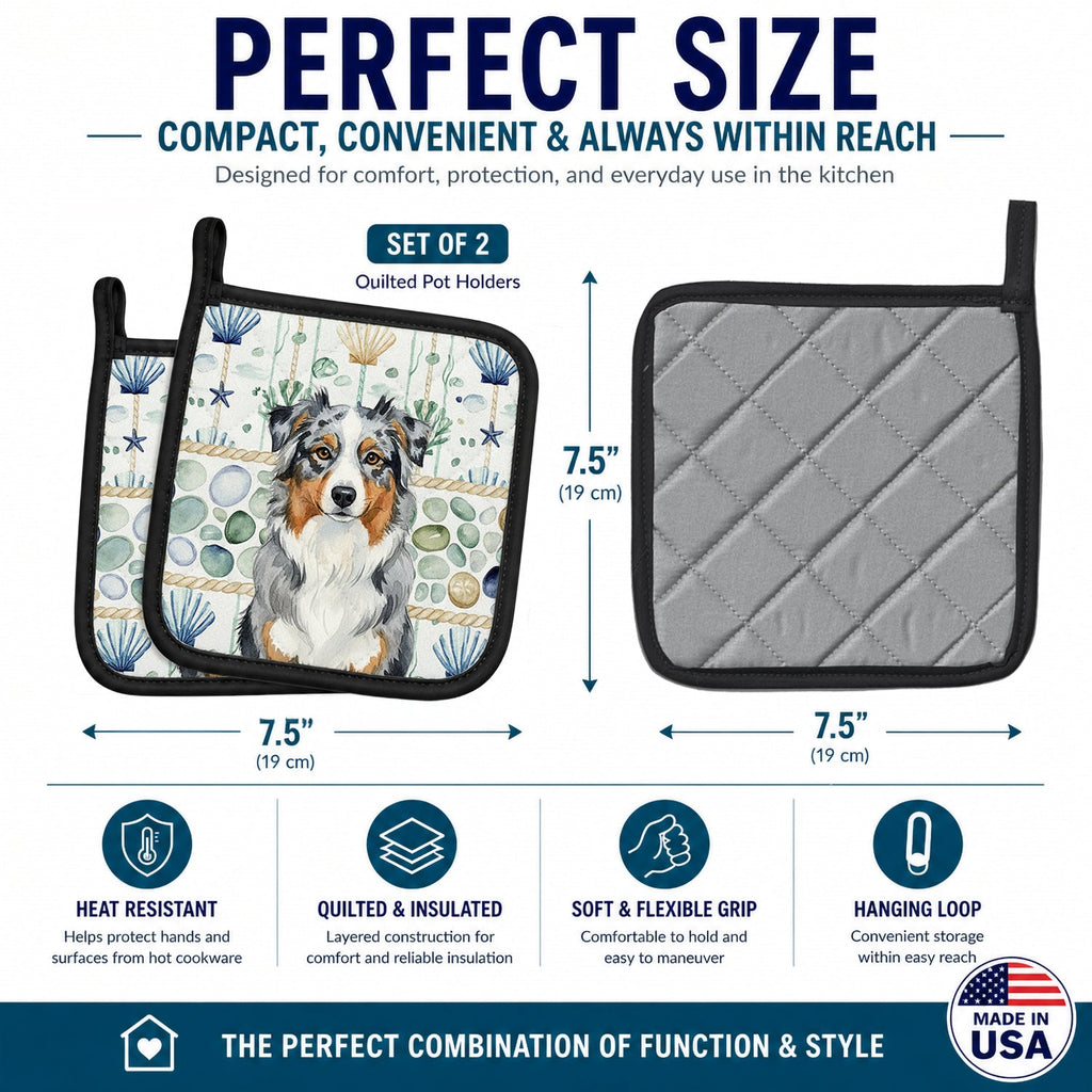 Blue Merle Australian Shepherd Coastal Sea Glass Pot Holder Set of 2 Heat Resistant Quilted Hot Pads 7.5 x 7.5 Inch, Insulated Kitchen Trivets for Cooking & Baking