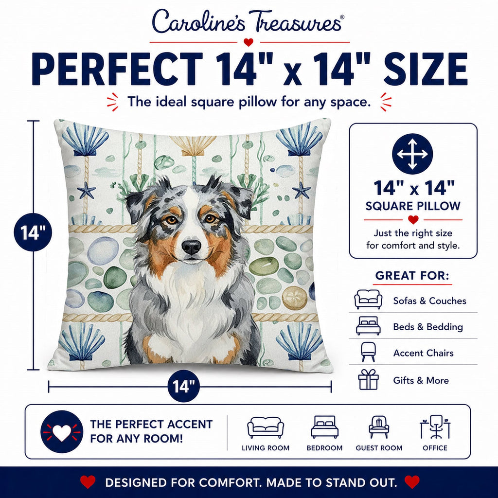 Blue Merle Australian Shepherd Coastal Sea Glass Decorative Throw Pillow 14x14 Indoor Outdoor Accent Cushion, Fabric Cover with Insert for Sofa, Bed, Porch & Living Room