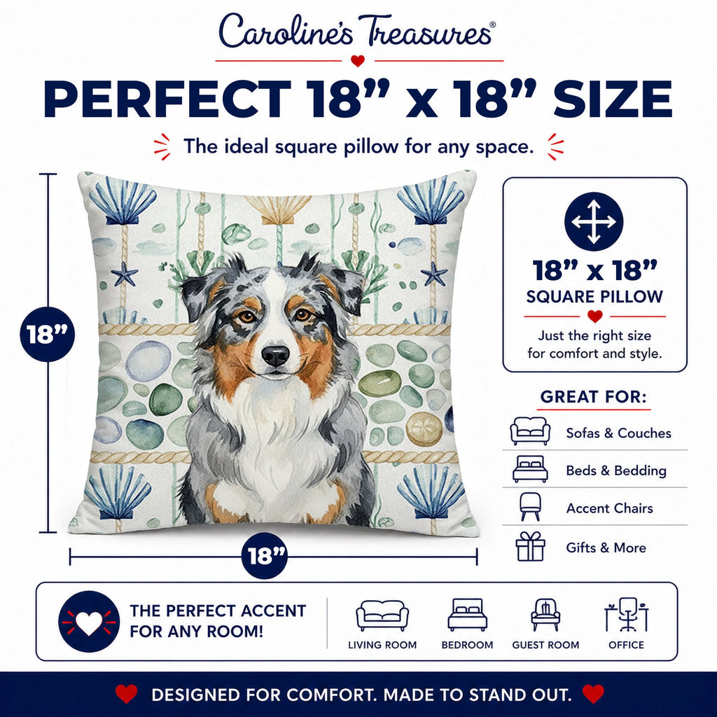Blue Merle Australian Shepherd Coastal Sea Glass Decorative Throw Pillow 18x18 Indoor Outdoor Accent Cushion, Fabric Cover with Insert for Sofa, Bed, Porch & Living Room