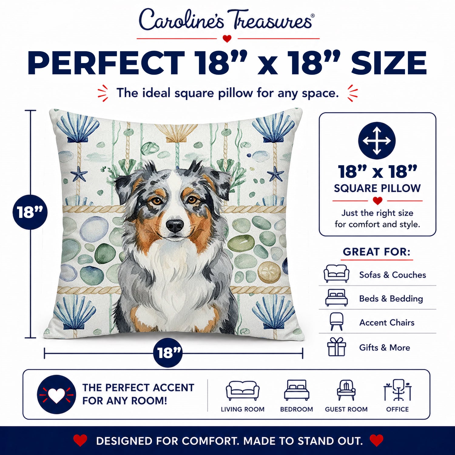 Blue Merle Australian Shepherd Coastal Sea Glass Decorative Throw Pillow 18x18 Indoor Outdoor Accent Cushion, Fabric Cover with Insert for Sofa, Bed, Porch & Living Room