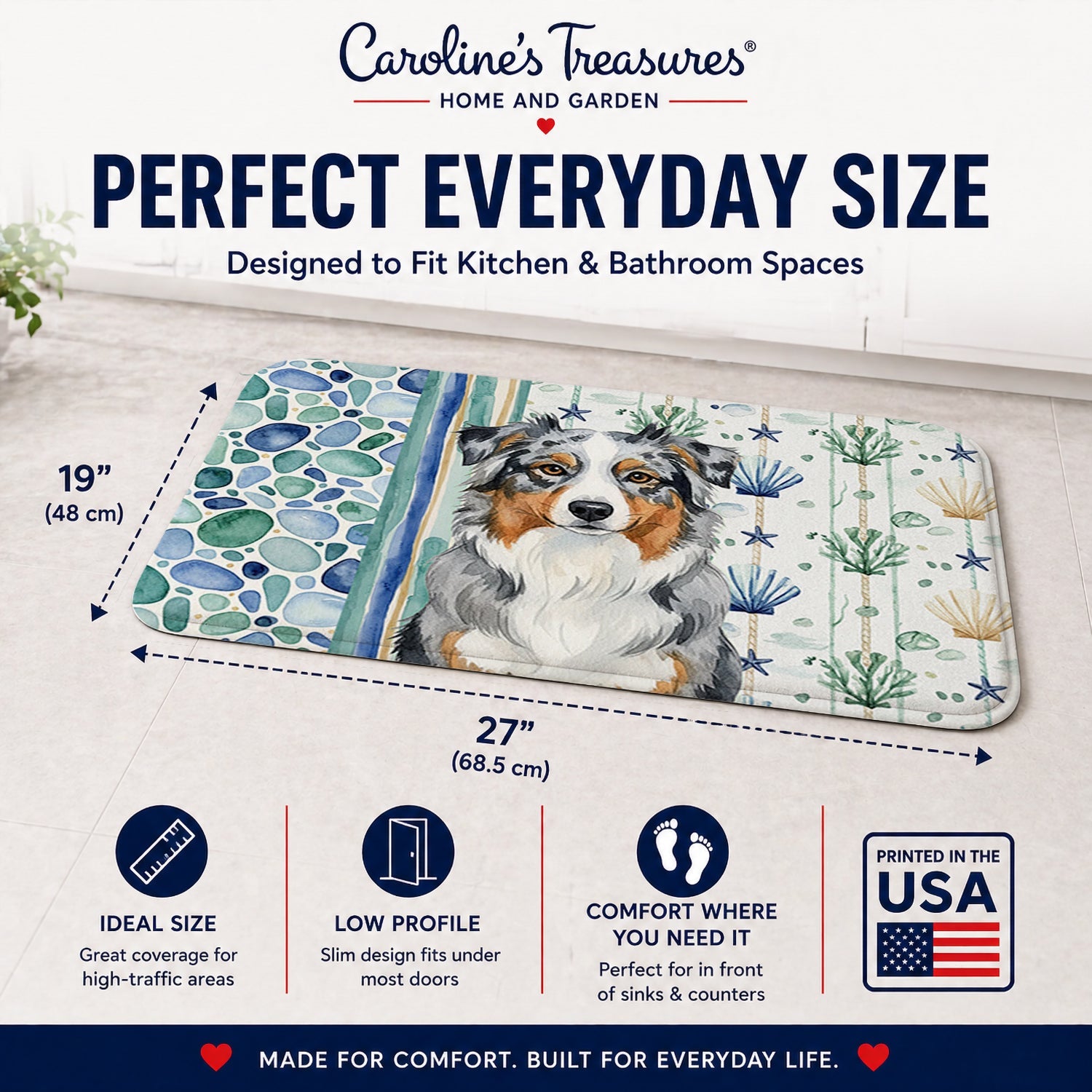 Blue Merle Australian Shepherd Coastal Sea Glass Memory Foam Kitchen Mat Machine Washable Anti-Fatigue Cushion Comfort Bath or Kitchen Rug