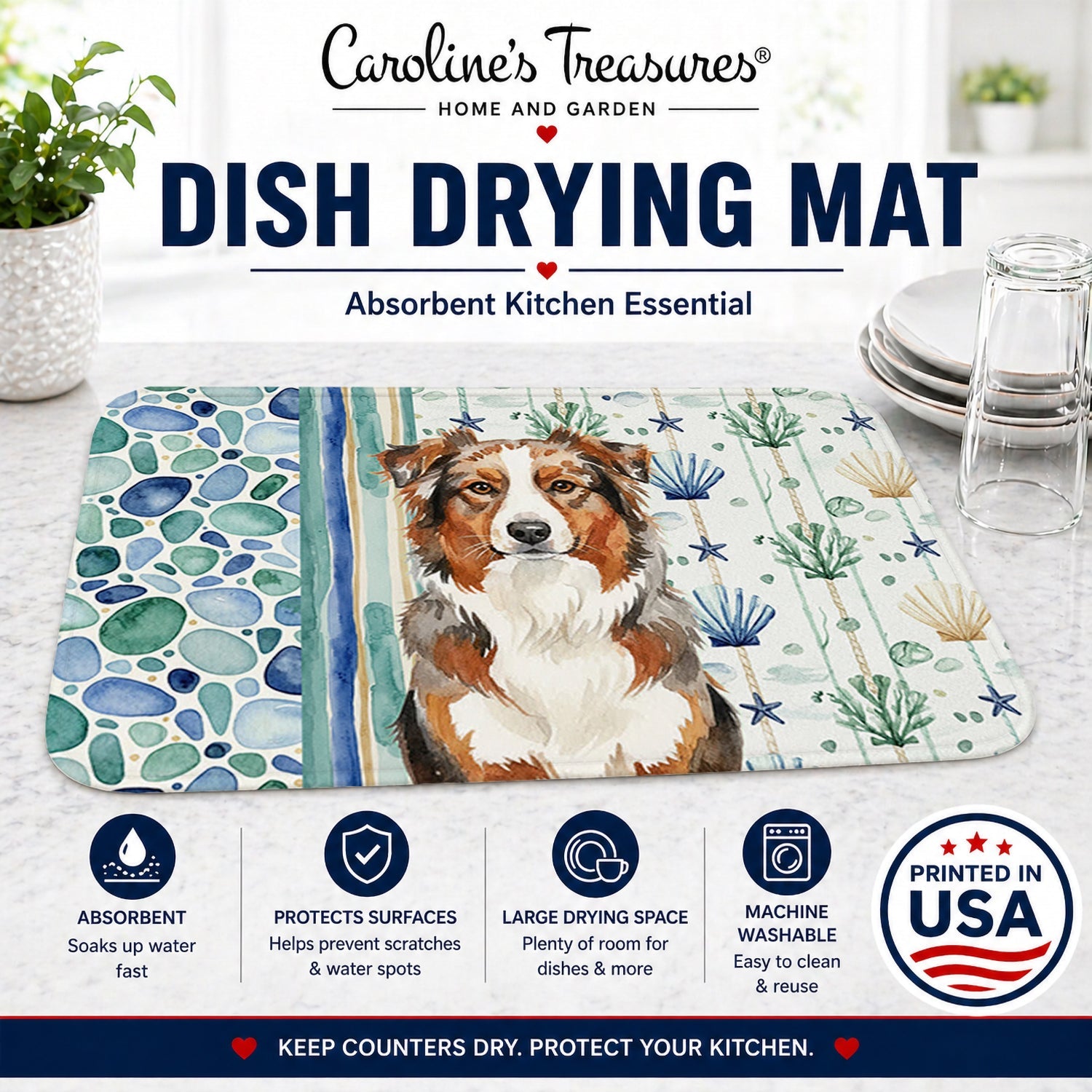 Red Merle Australian Shepherd Coastal Sea Glass Dish Drying Mat Absorbent Dish Drying Mat Pad for Kitchen Counter Dish Drainer Mat for Countertop, 14 x 21", Multicolor