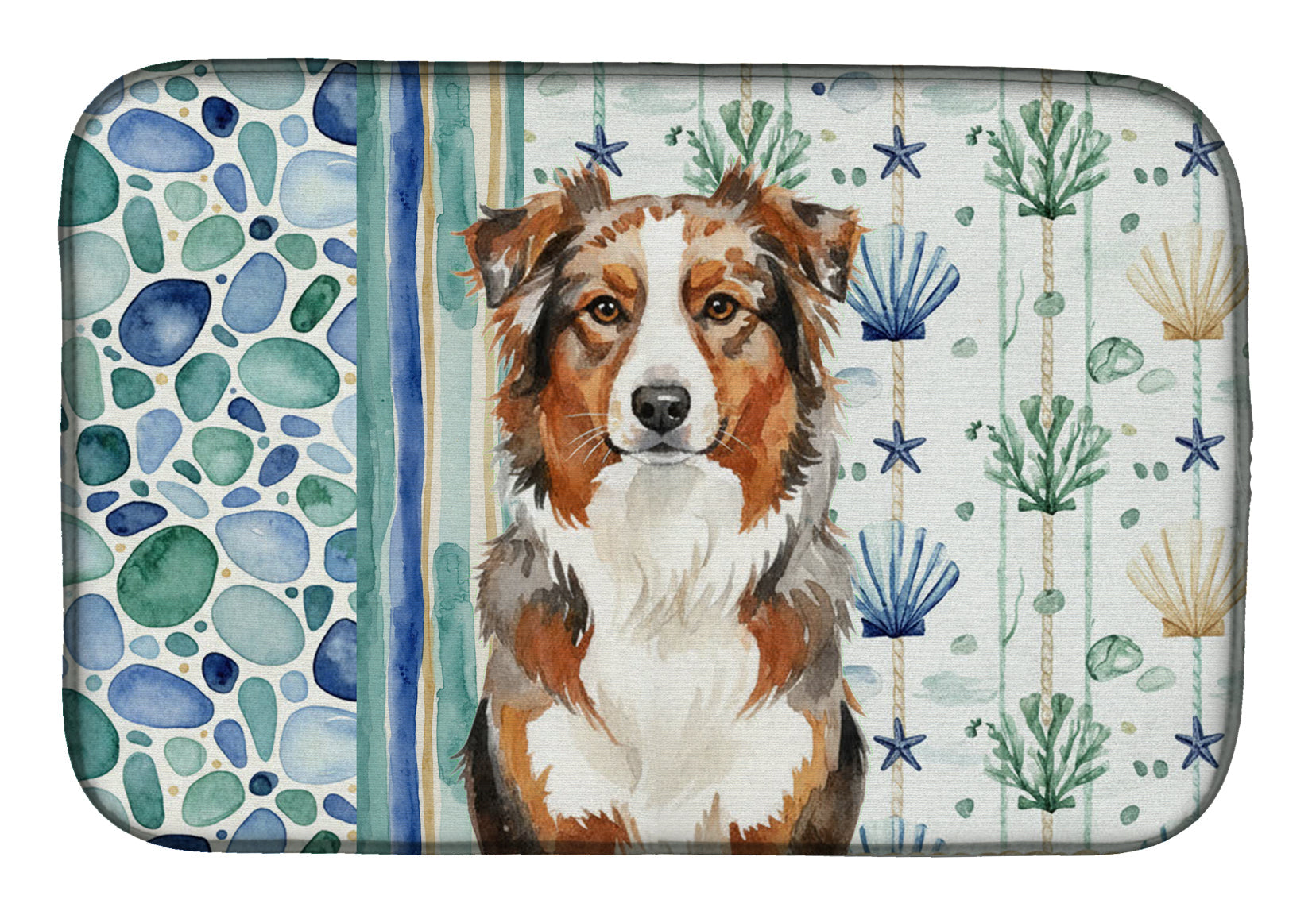 Red Merle Australian Shepherd Coastal Sea Glass Dish Drying Mat Absorbent Dish Drying Mat Pad for Kitchen Counter Dish Drainer Mat for Countertop, 14 x 21", Multicolor