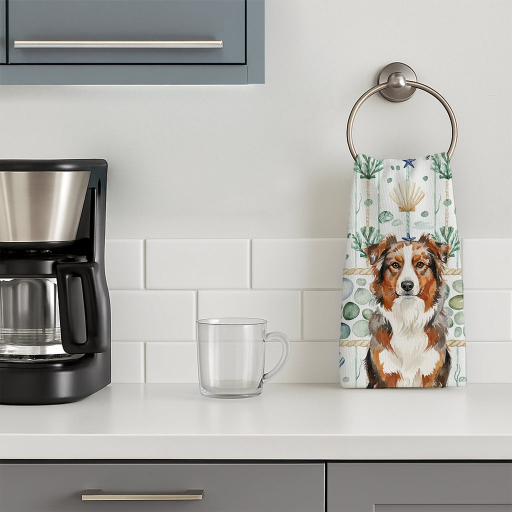 Red Merle Australian Shepherd Coastal Sea Glass Kitchen Towel Velour Plush Front and Cotton Loop Back Machine Washable