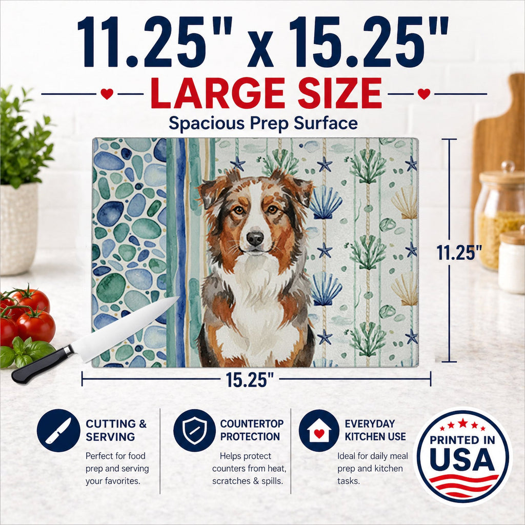 Red Merle Australian Shepherd Coastal Sea Glass Cutting Board Tempered Glass Kitchen Cutting Surface, Heat Resistant Chopping, Non-Slip Feet, Food Prep & Serving