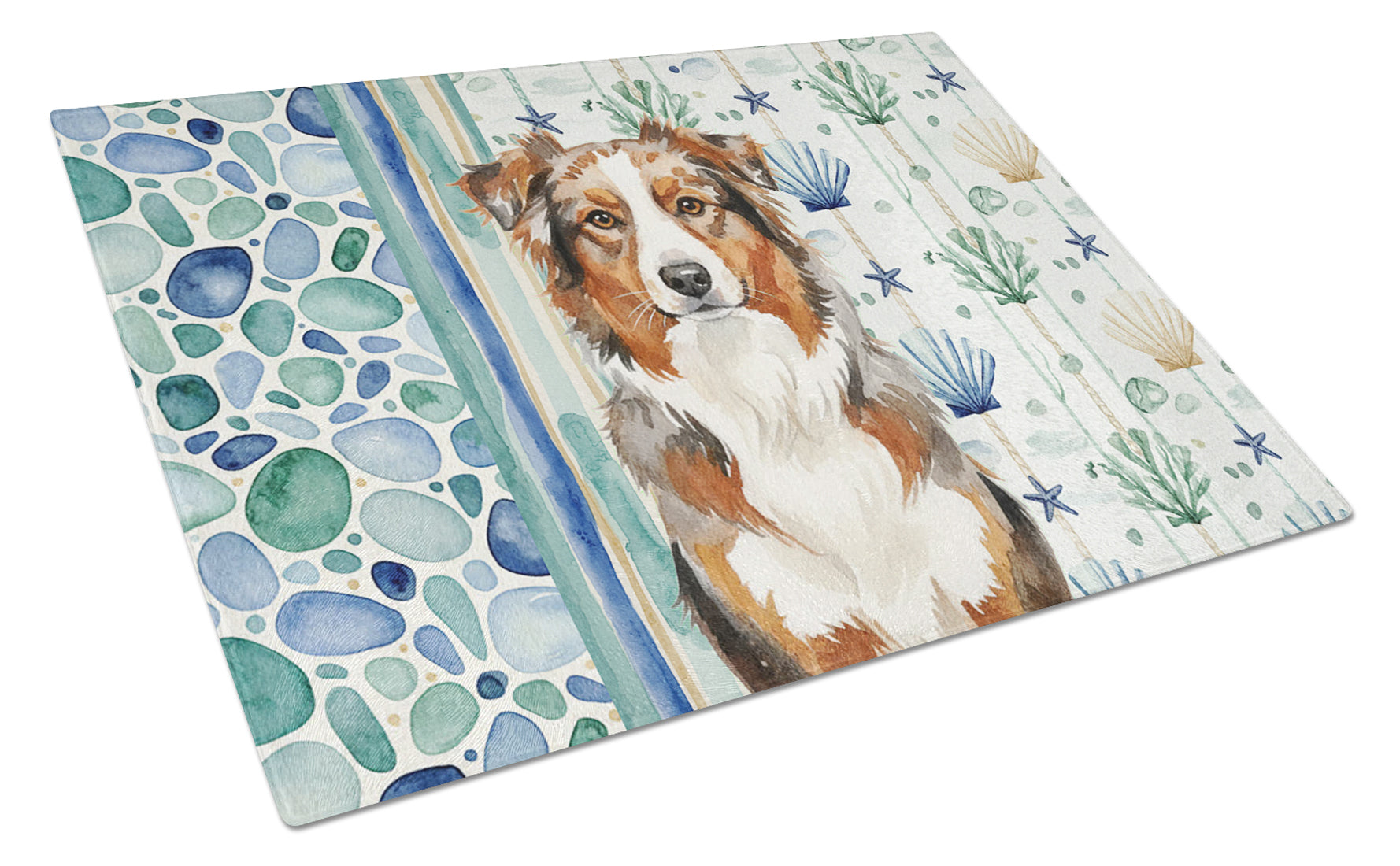 Red Merle Australian Shepherd Coastal Sea Glass Cutting Board Tempered Glass Kitchen Cutting Surface, Heat Resistant Chopping, Non-Slip Feet, Food Prep & Serving