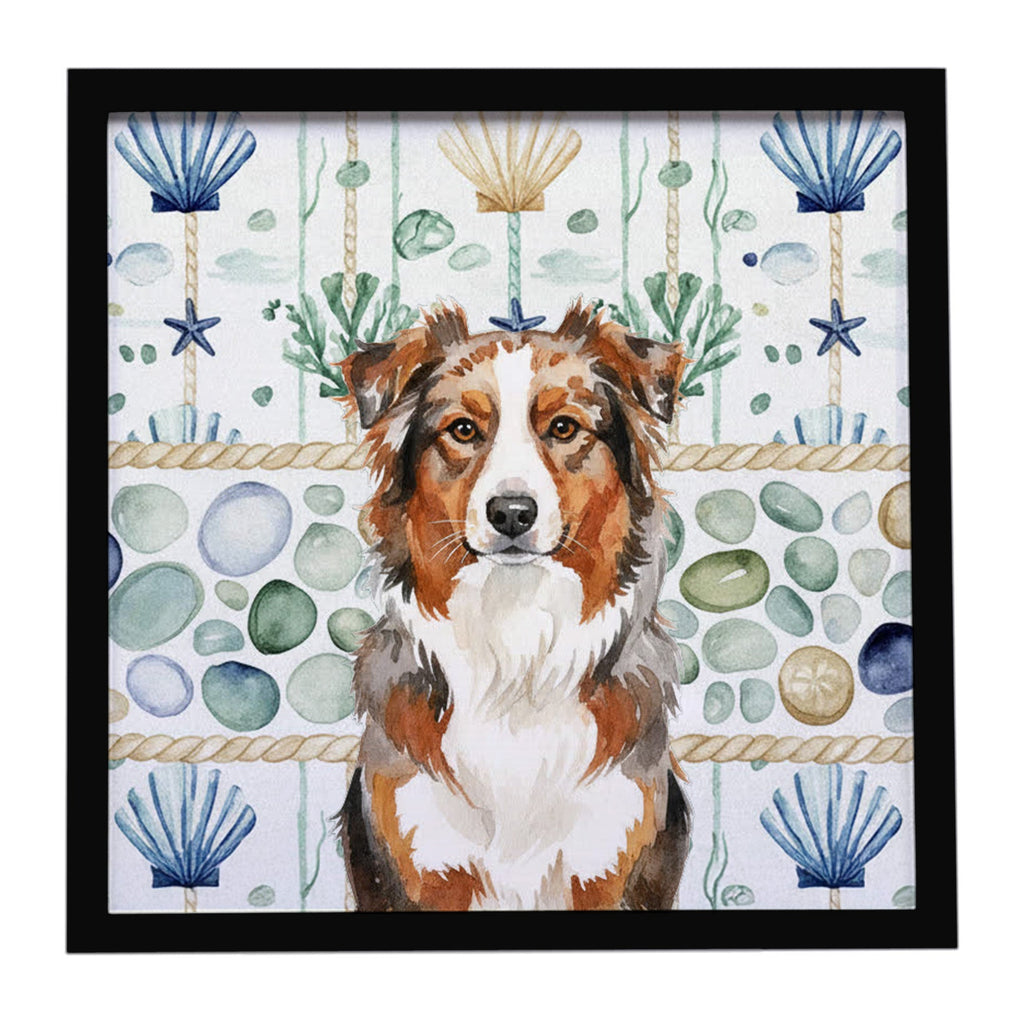 Red Merle Australian Shepherd Coastal Sea Glass Framed Metal Print Bathroom, Kitchen, Office, Home Decor Wall Art Ready to Hang, Square, 8X8