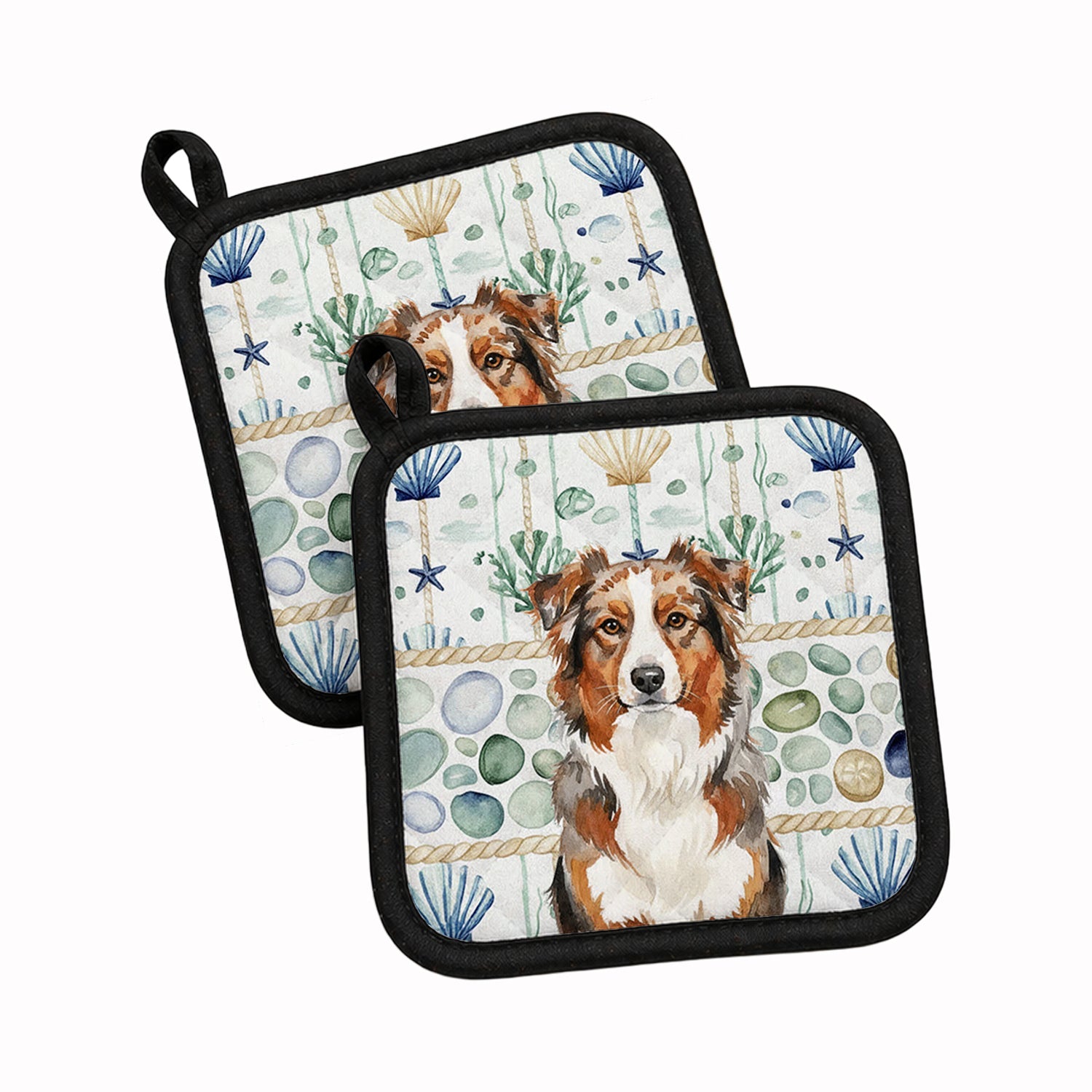 Red Merle Australian Shepherd Coastal Sea Glass Pot Holder Set of 2 Heat Resistant Quilted Hot Pads 7.5 x 7.5 Inch, Insulated Kitchen Trivets for Cooking & Baking