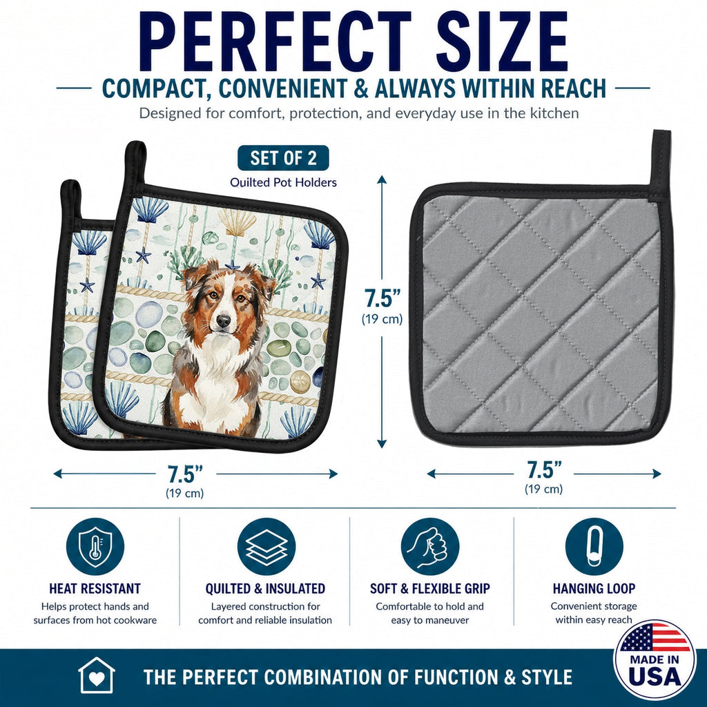 Red Merle Australian Shepherd Coastal Sea Glass Pot Holder Set of 2 Heat Resistant Quilted Hot Pads 7.5 x 7.5 Inch, Insulated Kitchen Trivets for Cooking & Baking