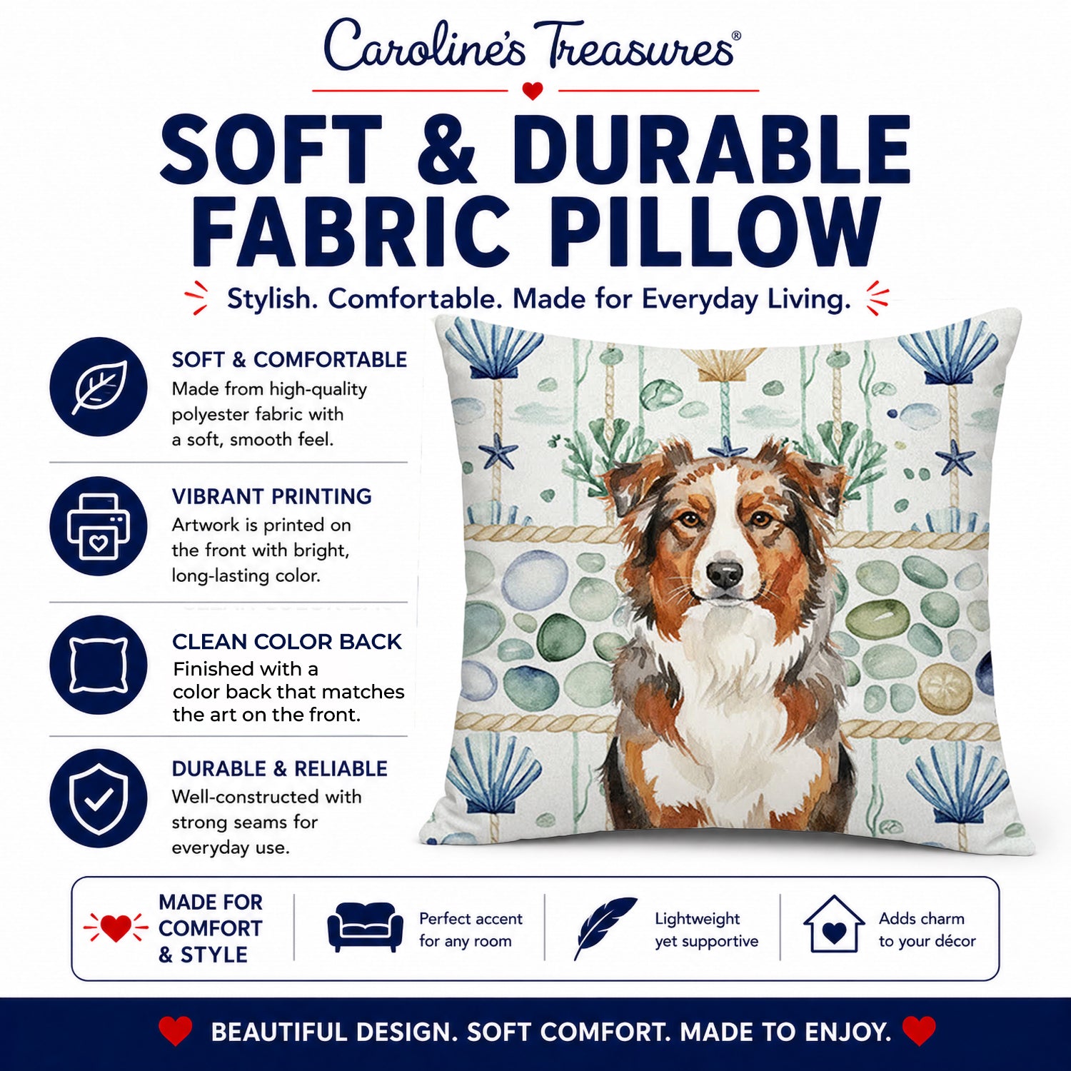 Red Merle Australian Shepherd Coastal Sea Glass Decorative Throw Pillow 14x14 Indoor Outdoor Accent Cushion, Fabric Cover with Insert for Sofa, Bed, Porch & Living Room