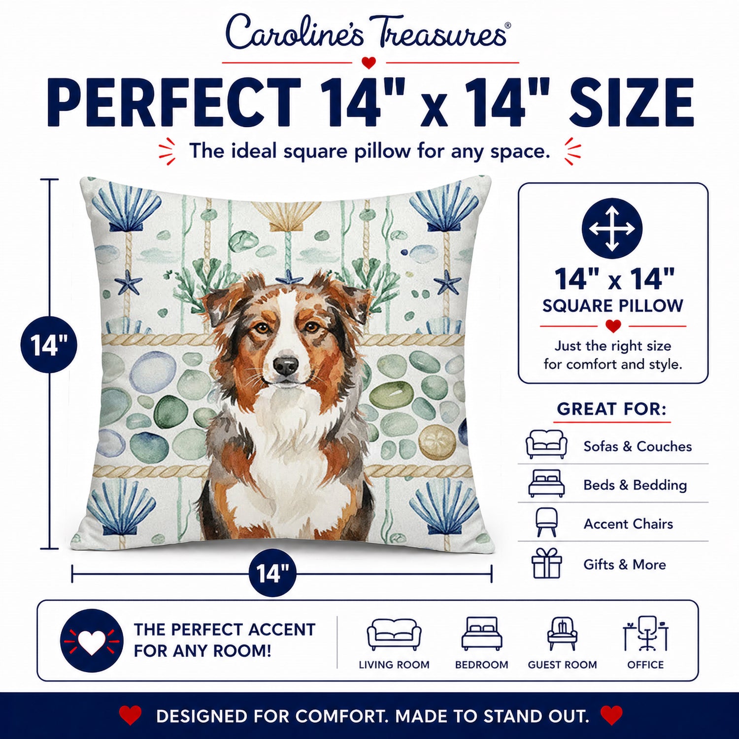 Red Merle Australian Shepherd Coastal Sea Glass Decorative Throw Pillow 14x14 Indoor Outdoor Accent Cushion, Fabric Cover with Insert for Sofa, Bed, Porch & Living Room
