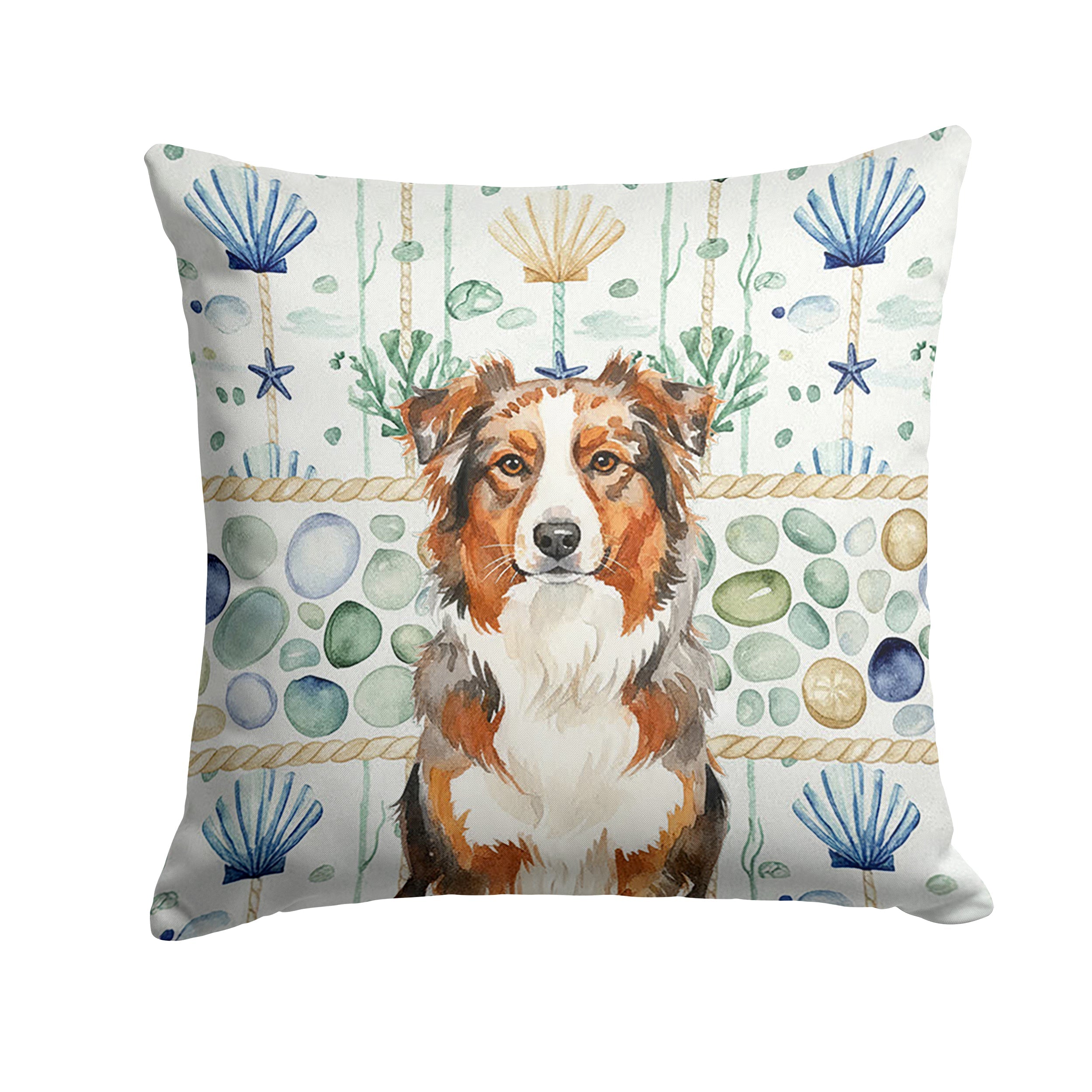 Red Merle Australian Shepherd Coastal Sea Glass Decorative Throw Pillow 14x14 Indoor Outdoor Accent Cushion, Fabric Cover with Insert for Sofa, Bed, Porch & Living Room