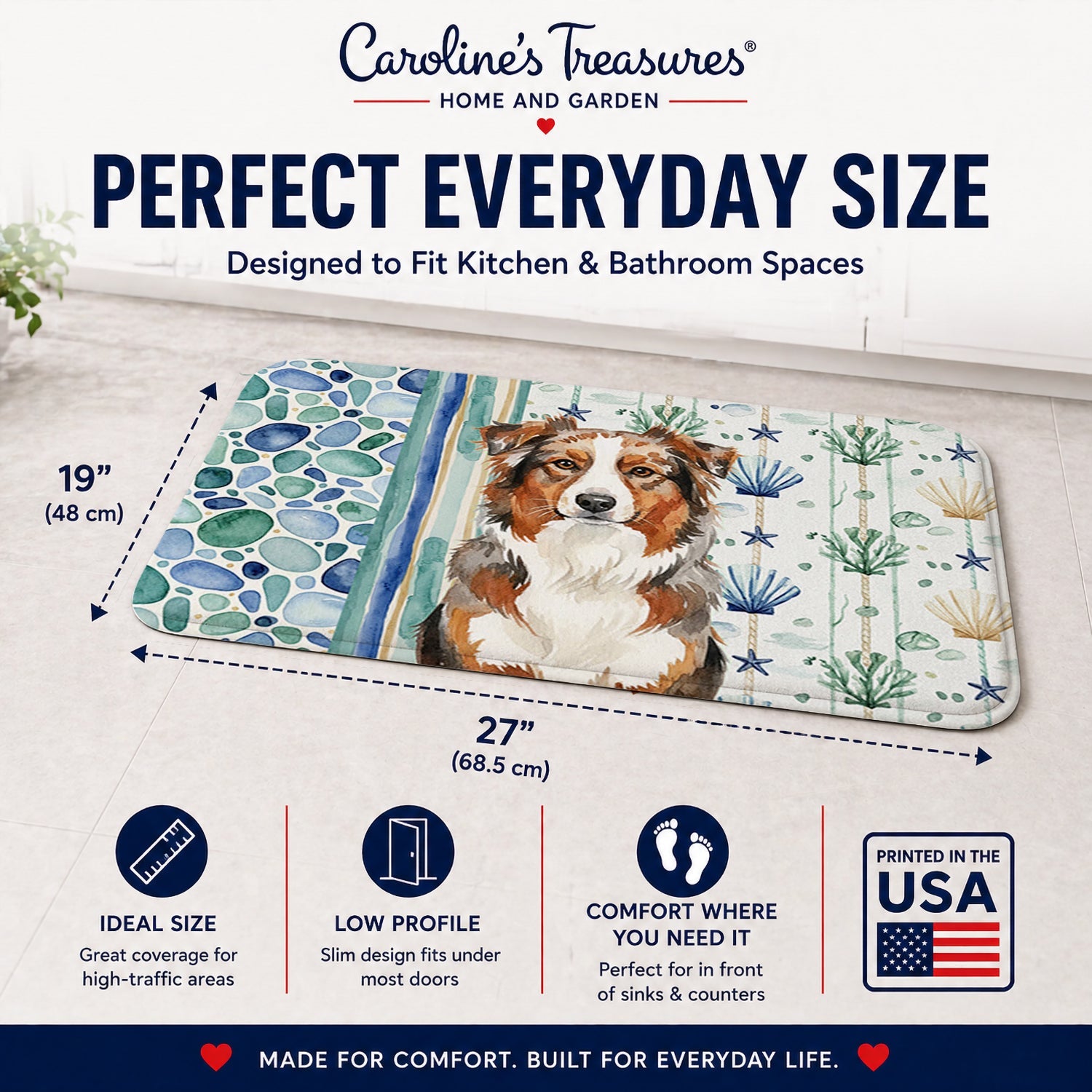 Red Merle Australian Shepherd Coastal Sea Glass Memory Foam Kitchen Mat Machine Washable Anti-Fatigue Cushion Comfort Bath or Kitchen Rug