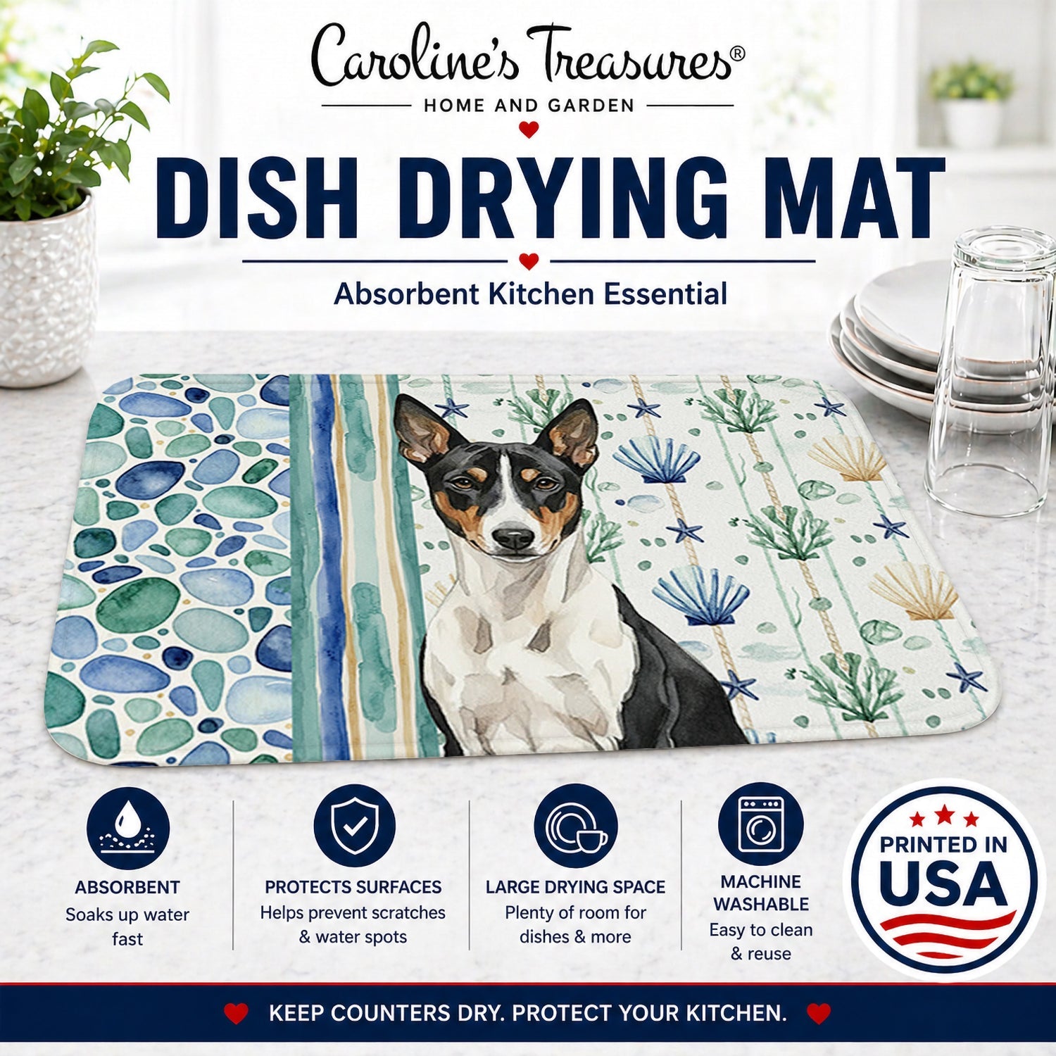 Black and White Basenji Coastal Sea Glass Dish Drying Mat Absorbent Dish Drying Mat Pad for Kitchen Counter Dish Drainer Mat for Countertop, 14 x 21", Multicolor