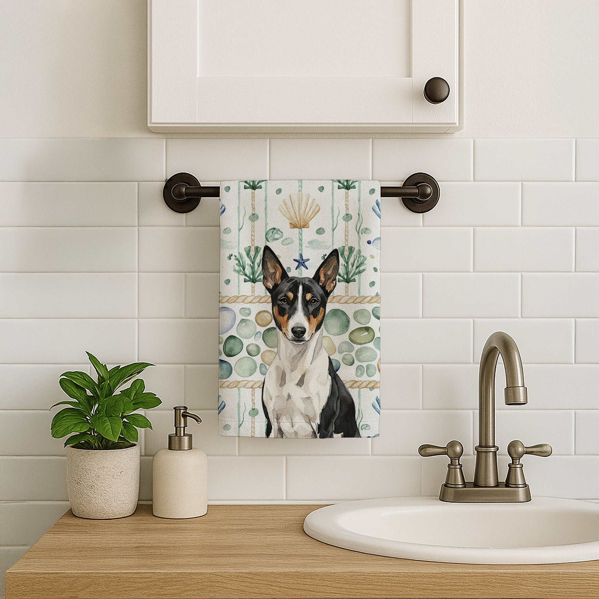 Black and White Basenji Coastal Sea Glass Kitchen Towel Velour Plush Front and Cotton Loop Back Machine Washable