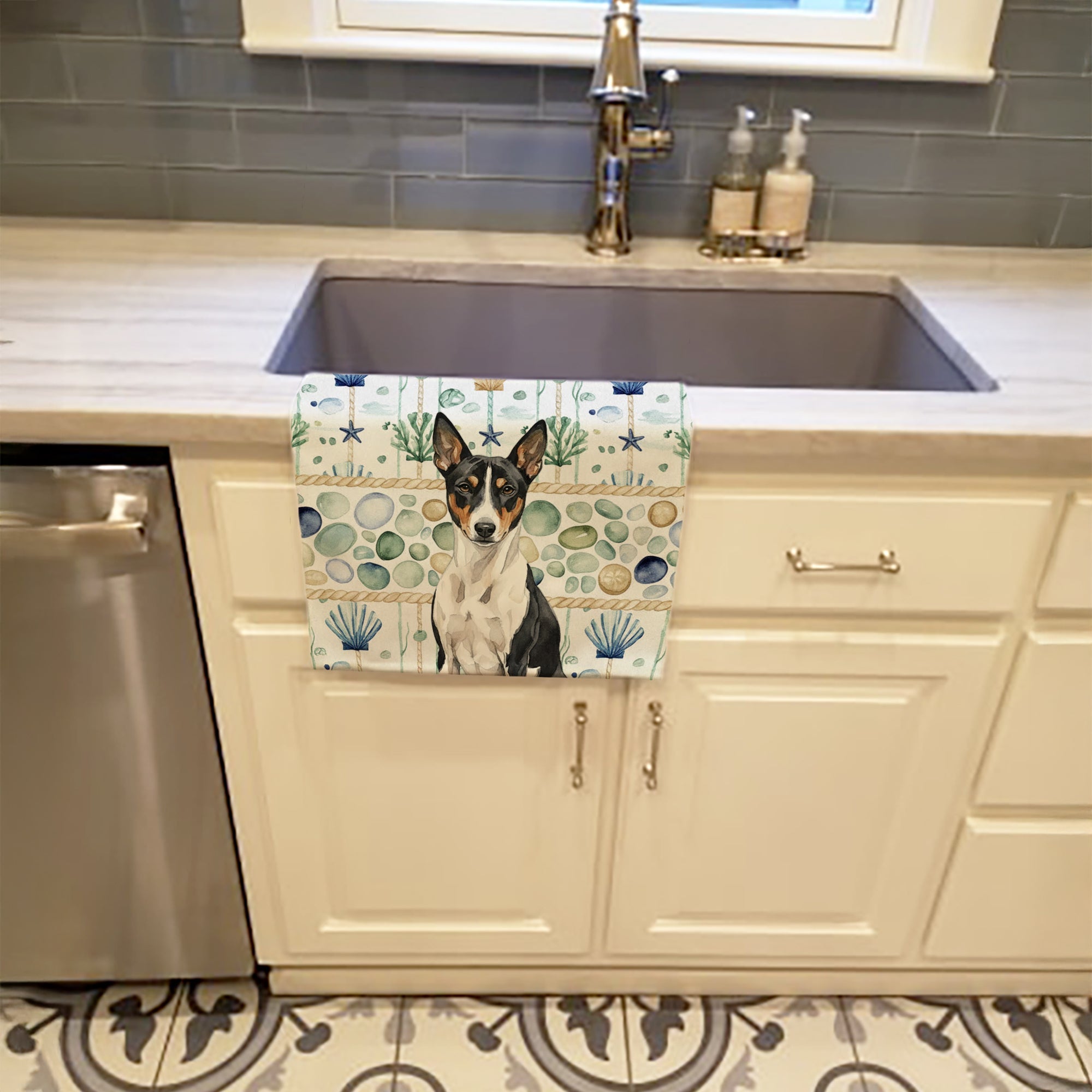 Black and White Basenji Coastal Sea Glass Kitchen Towel Velour Plush Front and Cotton Loop Back Machine Washable