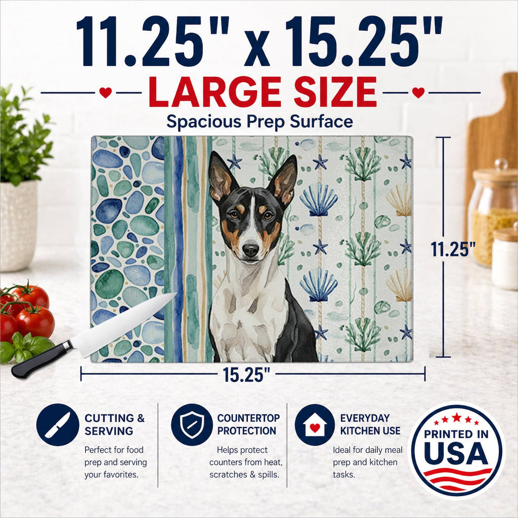 Black and White Basenji Coastal Sea Glass Cutting Board Tempered Glass Kitchen Cutting Surface, Heat Resistant Chopping, Non-Slip Feet, Food Prep & Serving