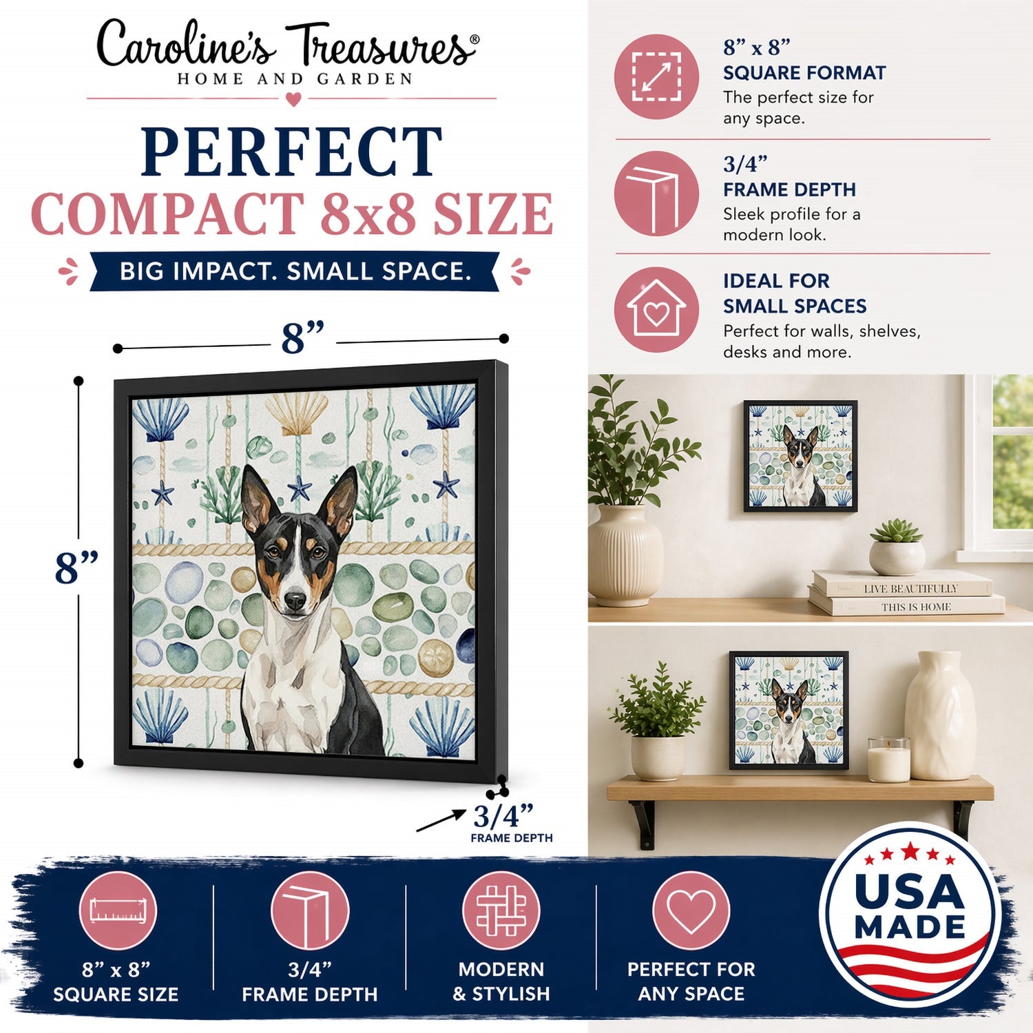Black and White Basenji Coastal Sea Glass Framed Metal Print Bathroom, Kitchen, Office, Home Decor Wall Art Ready to Hang, Square, 8X8