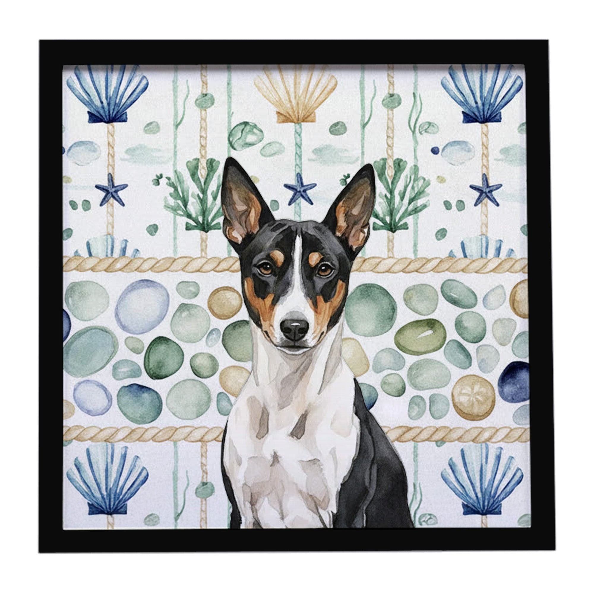 Black and White Basenji Coastal Sea Glass Framed Metal Print Bathroom, Kitchen, Office, Home Decor Wall Art Ready to Hang, Square, 8X8