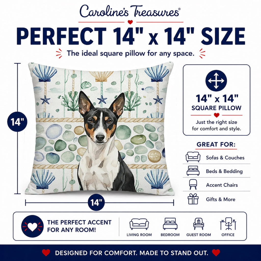 Black and White Basenji Coastal Sea Glass Decorative Throw Pillow 14x14 Indoor Outdoor Accent Cushion, Fabric Cover with Insert for Sofa, Bed, Porch & Living Room