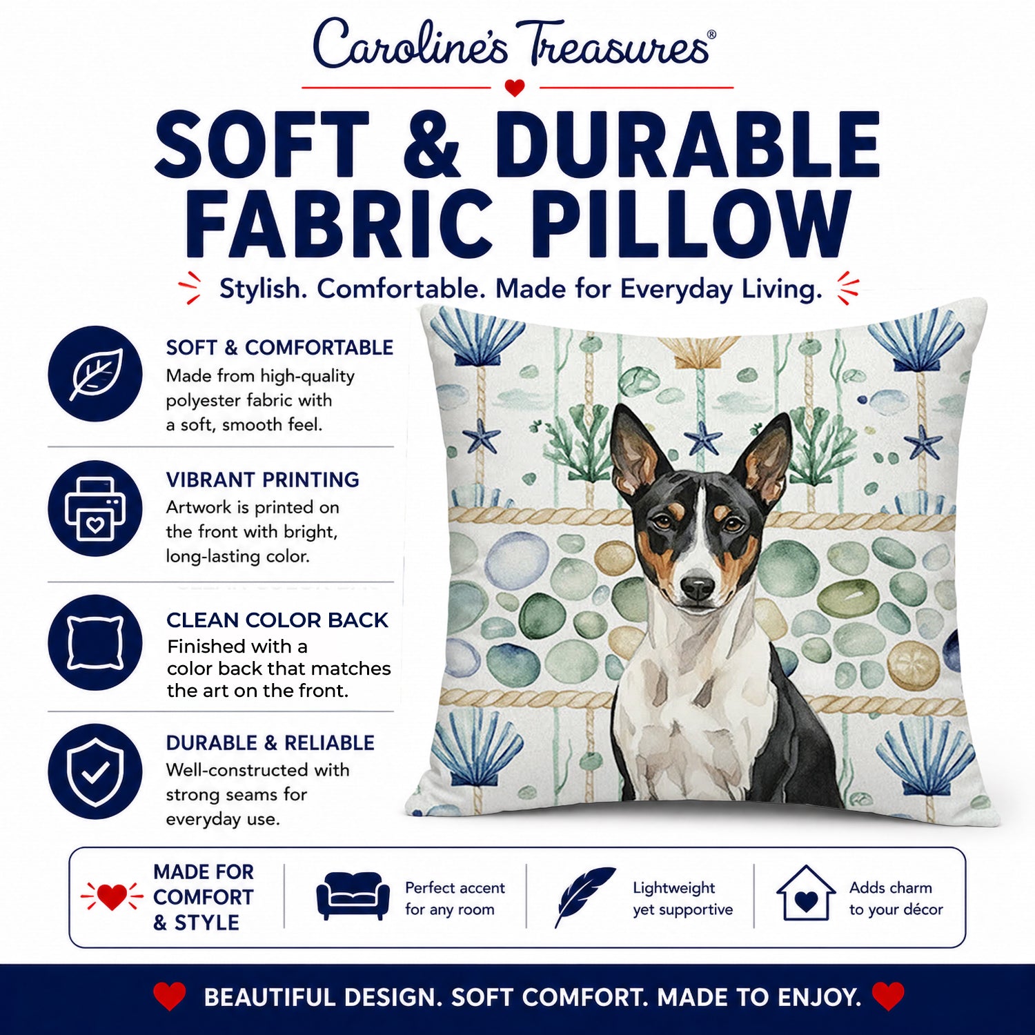 Black and White Basenji Coastal Sea Glass Decorative Throw Pillow 18x18 Indoor Outdoor Accent Cushion, Fabric Cover with Insert for Sofa, Bed, Porch & Living Room