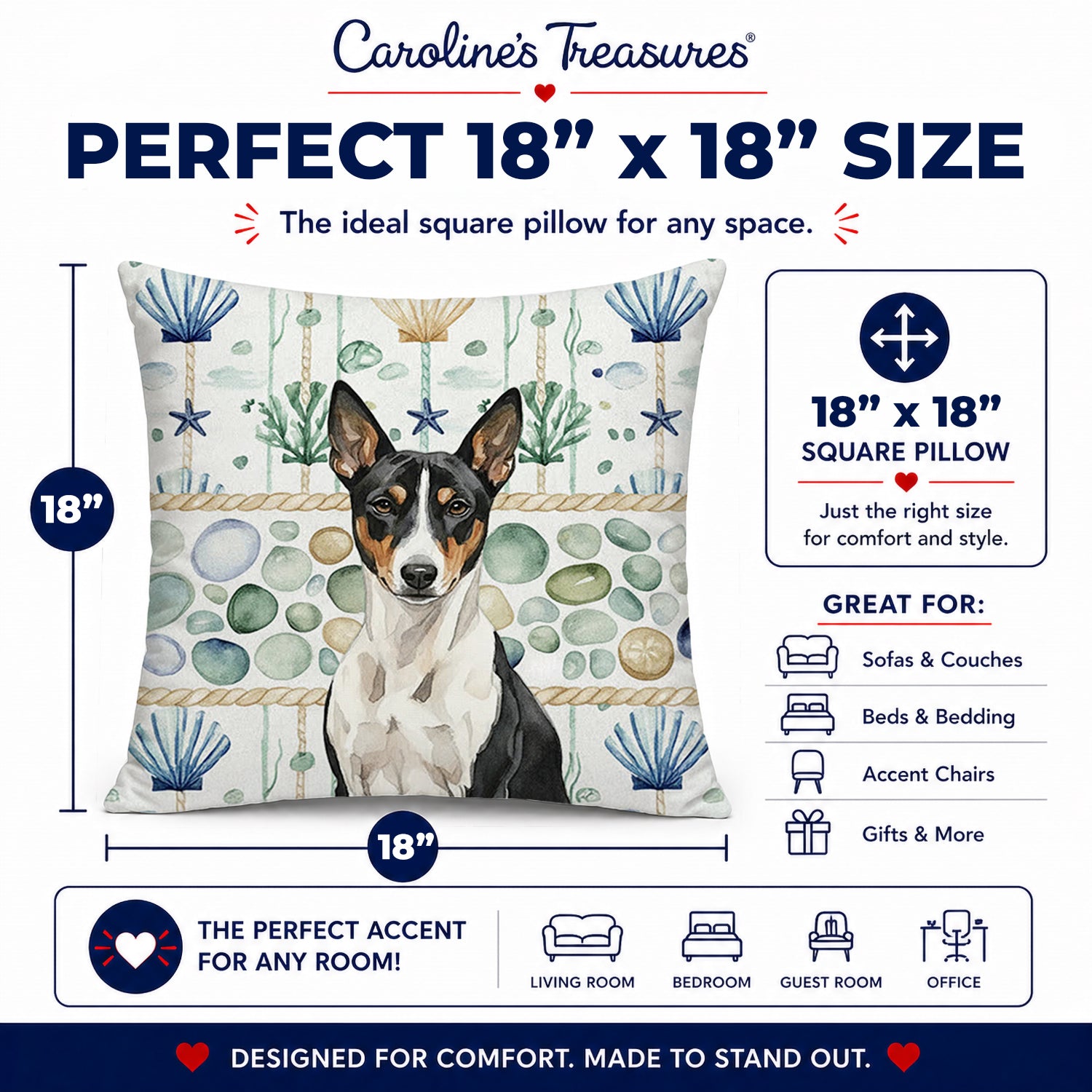 Black and White Basenji Coastal Sea Glass Decorative Throw Pillow 18x18 Indoor Outdoor Accent Cushion, Fabric Cover with Insert for Sofa, Bed, Porch & Living Room