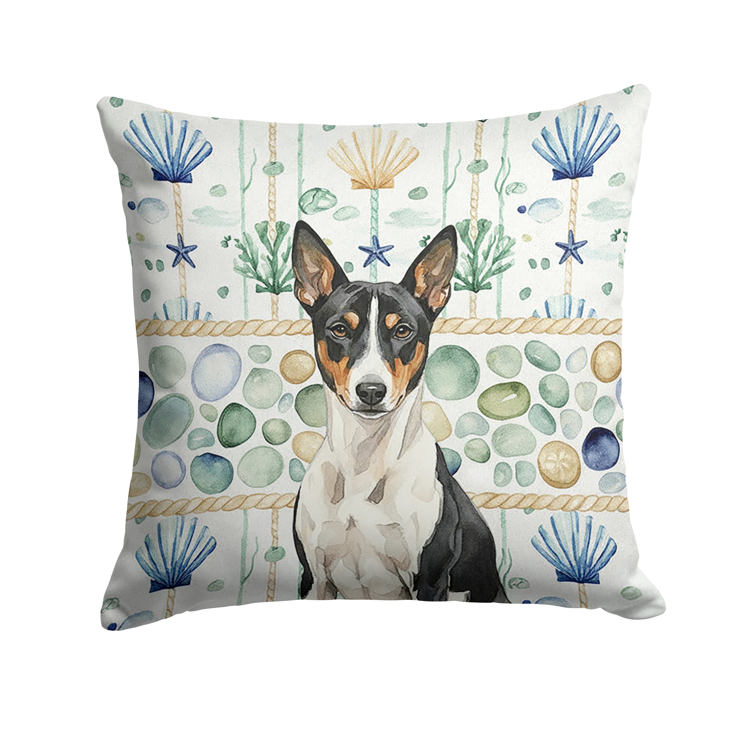 Black and White Basenji Coastal Sea Glass Decorative Throw Pillow 18x18 Indoor Outdoor Accent Cushion, Fabric Cover with Insert for Sofa, Bed, Porch & Living Room