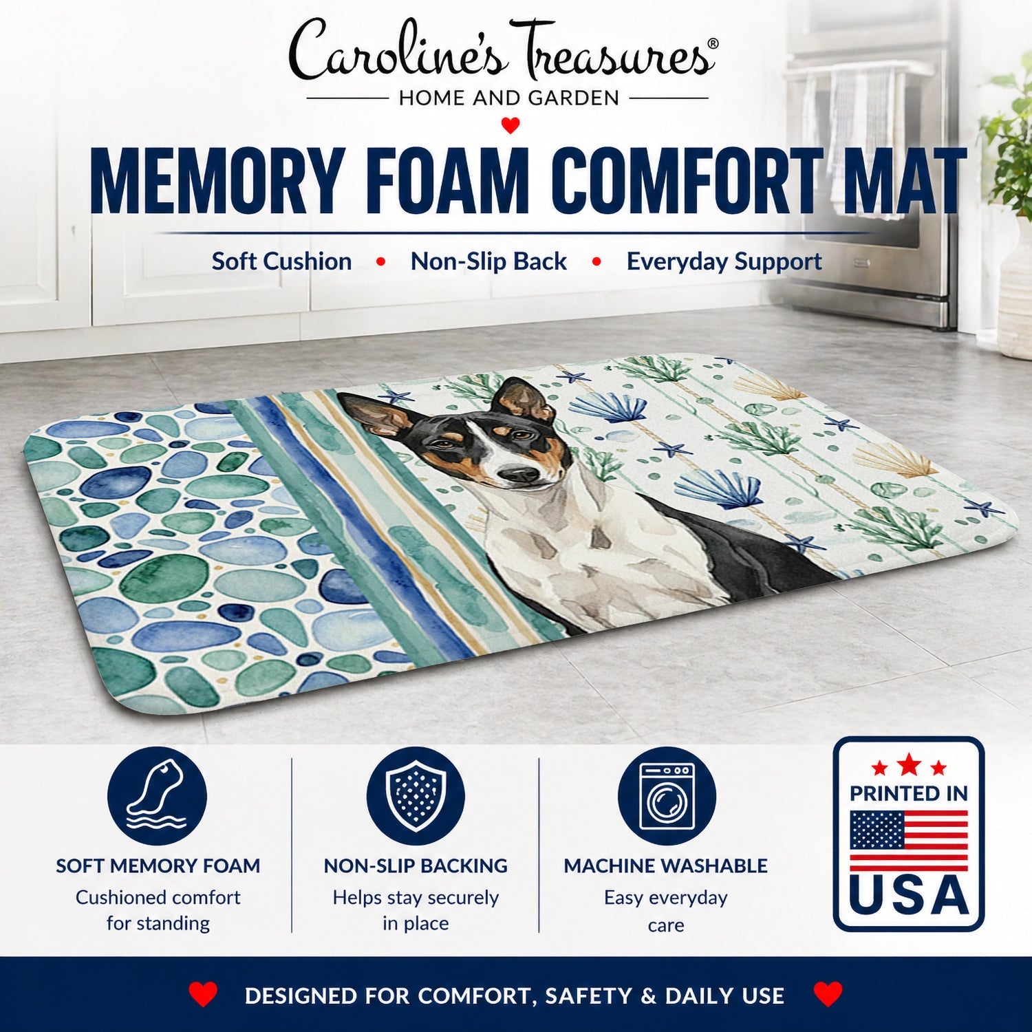Black and White Basenji Coastal Sea Glass Memory Foam Kitchen Mat Machine Washable Anti-Fatigue Cushion Comfort Bath or Kitchen Rug