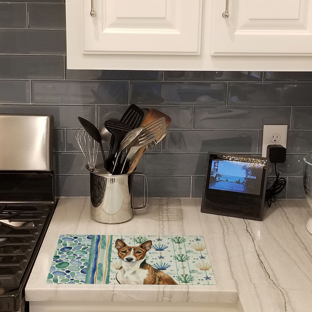 Brindle and White Basenji Coastal Sea Glass Cutting Board Tempered Glass Kitchen Cutting Surface, Heat Resistant Chopping, Non-Slip Feet, Food Prep & Serving