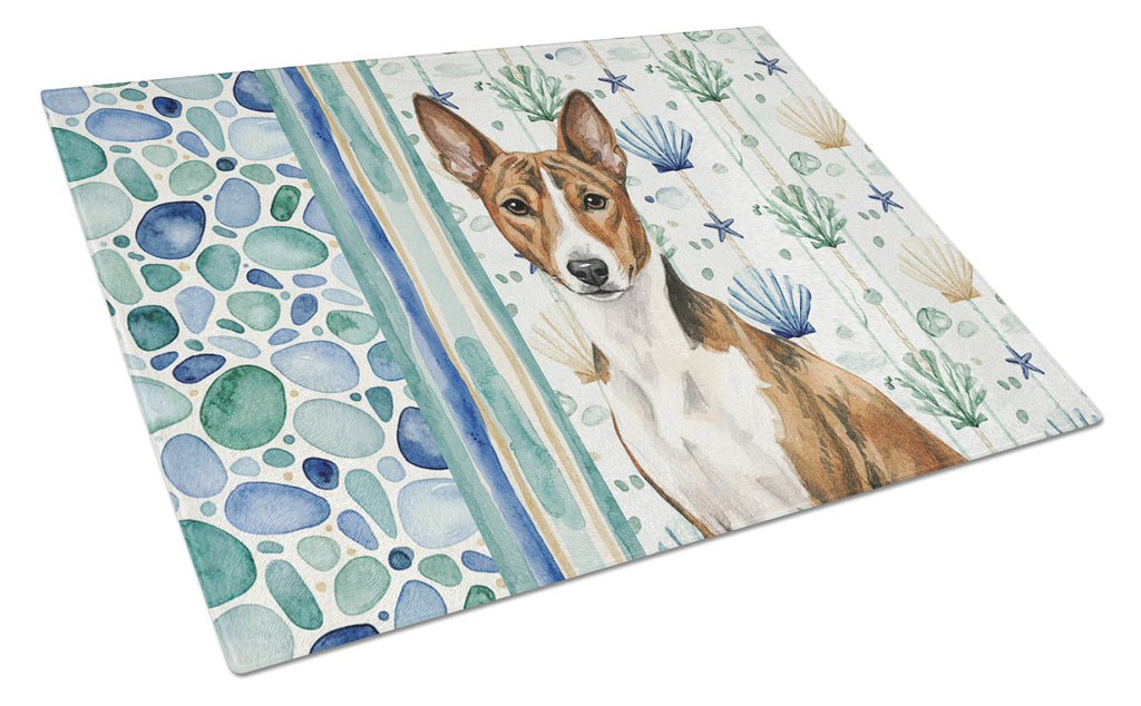 Brindle and White Basenji Coastal Sea Glass Cutting Board Tempered Glass Kitchen Cutting Surface, Heat Resistant Chopping, Non-Slip Feet, Food Prep & Serving