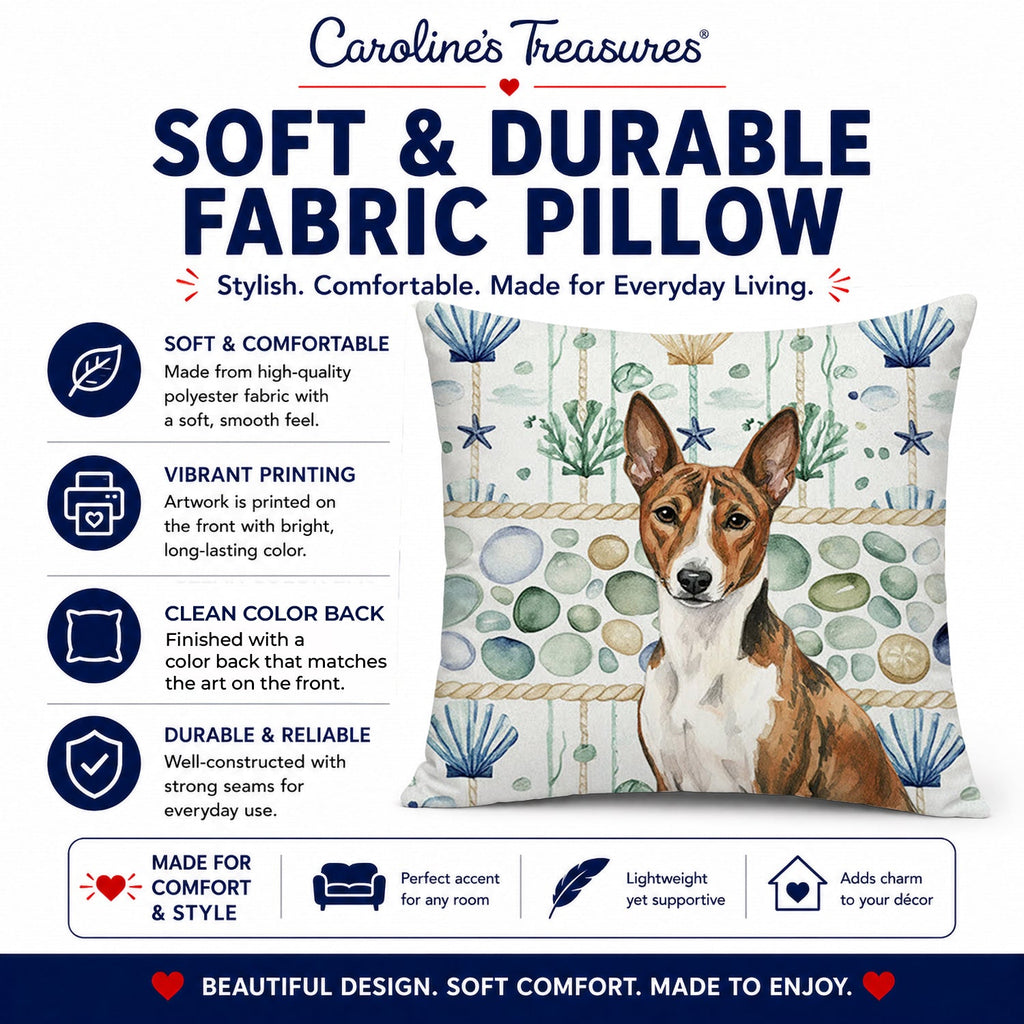 Brindle and White Basenji Coastal Sea Glass Decorative Throw Pillow 14x14 Indoor Outdoor Accent Cushion, Fabric Cover with Insert for Sofa, Bed, Porch & Living Room