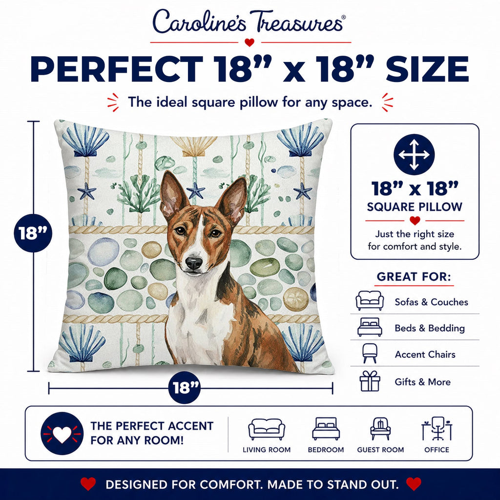 Brindle and White Basenji Coastal Sea Glass Decorative Throw Pillow 18x18 Indoor Outdoor Accent Cushion, Fabric Cover with Insert for Sofa, Bed, Porch & Living Room