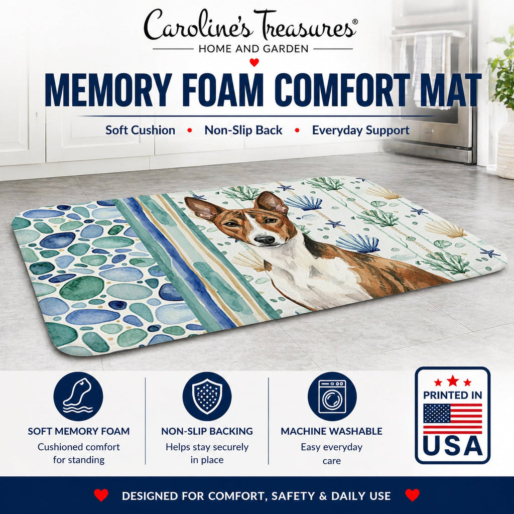 Brindle and White Basenji Coastal Sea Glass Memory Foam Kitchen Mat Machine Washable Anti-Fatigue Cushion Comfort Bath or Kitchen Rug