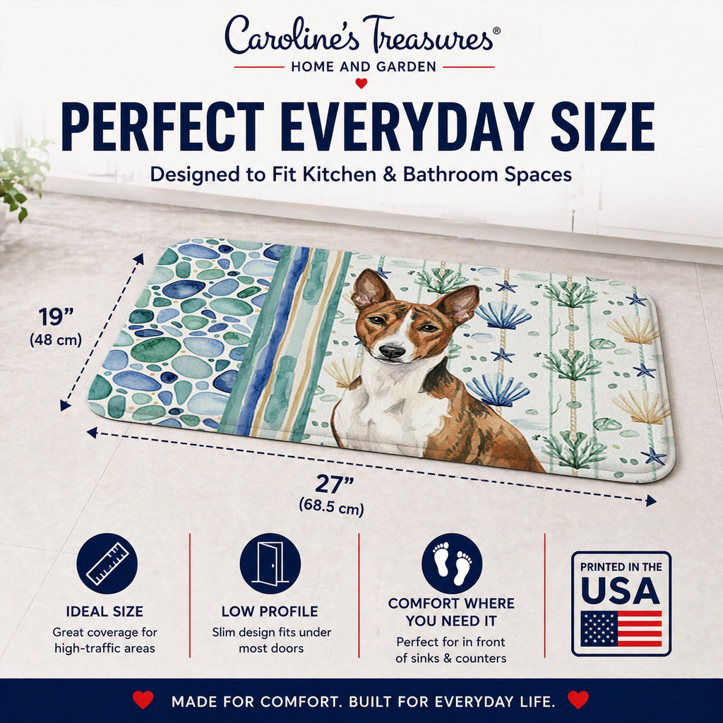 Brindle and White Basenji Coastal Sea Glass Memory Foam Kitchen Mat Machine Washable Anti-Fatigue Cushion Comfort Bath or Kitchen Rug