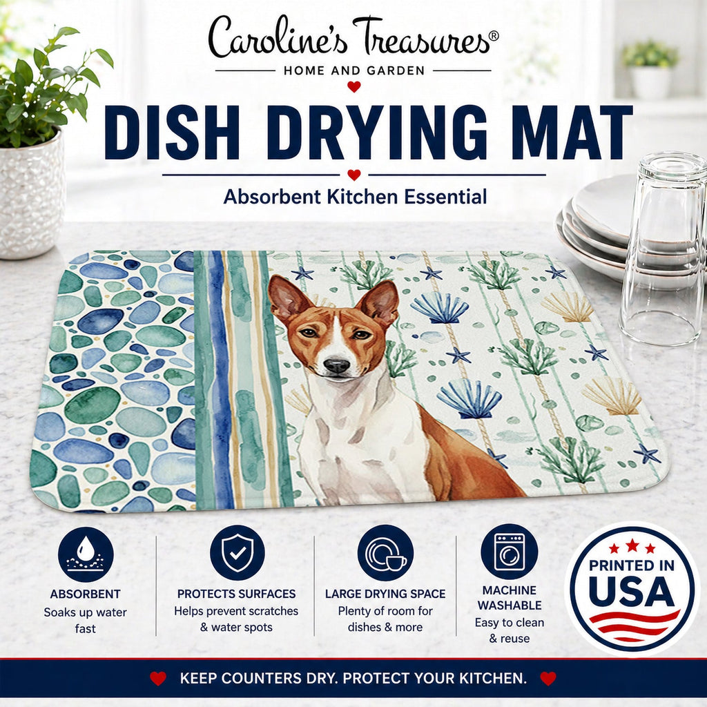 Red and White Basenji Coastal Sea Glass Dish Drying Mat Absorbent Dish Drying Mat Pad for Kitchen Counter Dish Drainer Mat for Countertop, 14 x 21", Multicolor