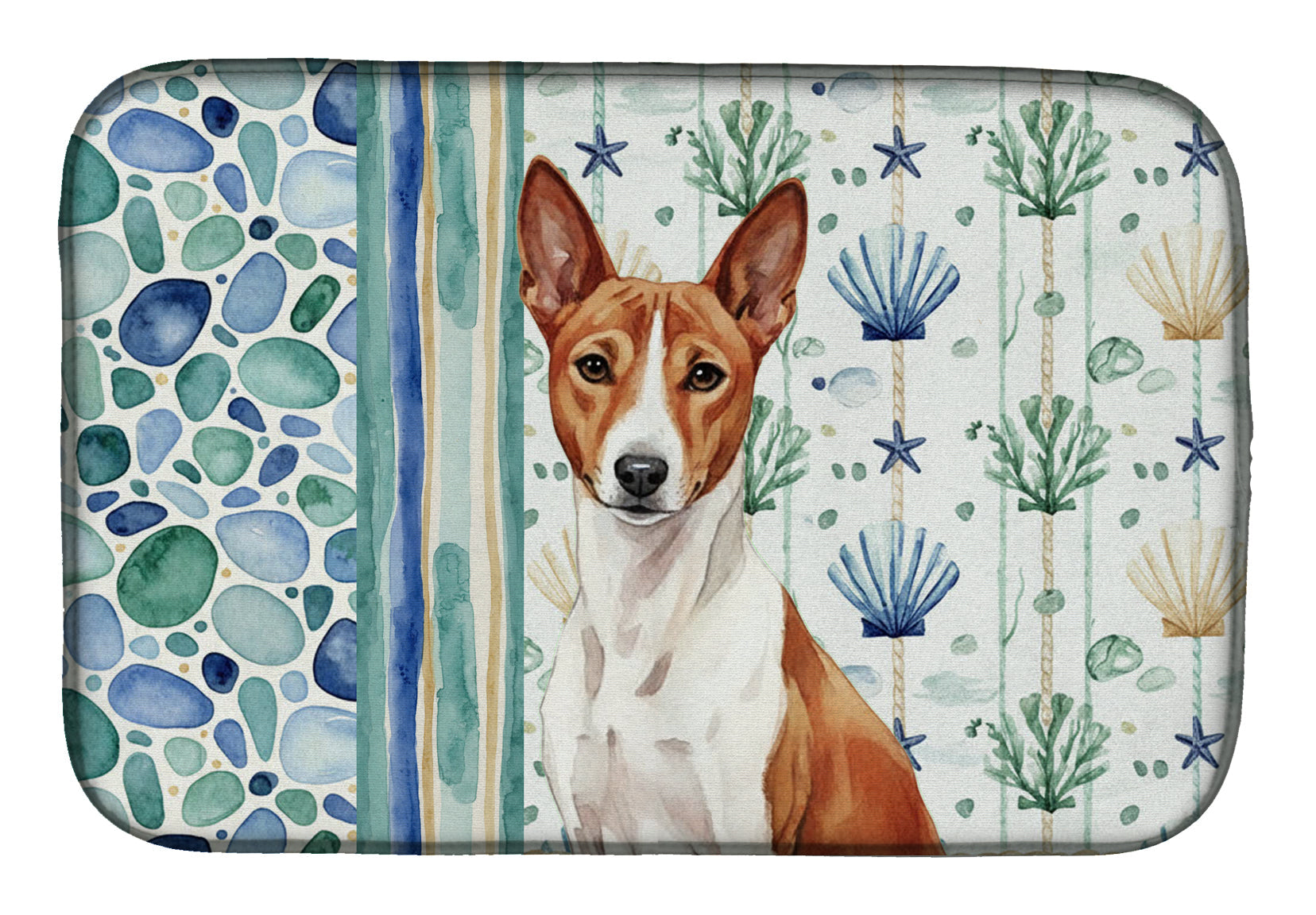 Red and White Basenji Coastal Sea Glass Dish Drying Mat Absorbent Dish Drying Mat Pad for Kitchen Counter Dish Drainer Mat for Countertop, 14 x 21", Multicolor