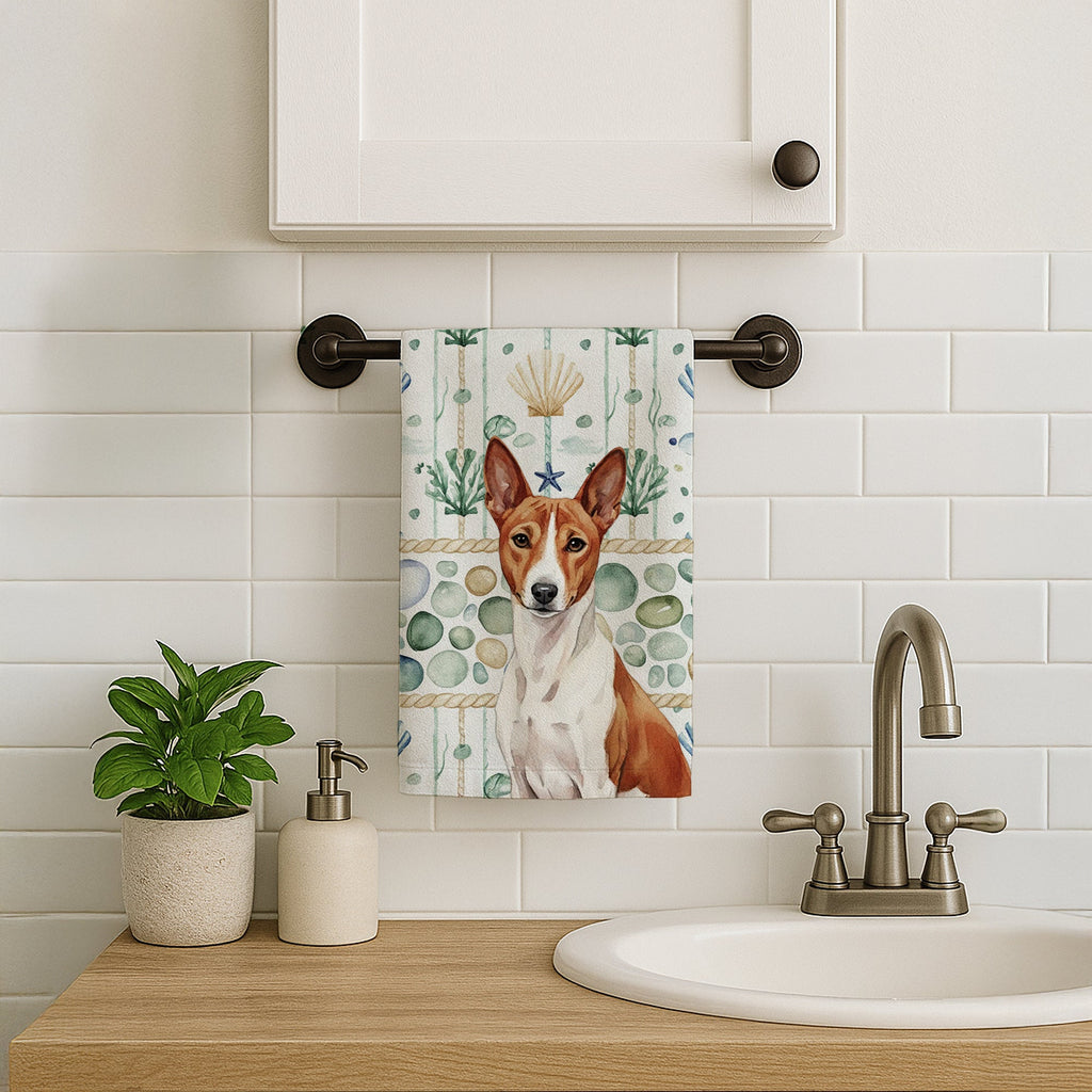 Red and White Basenji Coastal Sea Glass Kitchen Towel Velour Plush Front and Cotton Loop Back Machine Washable