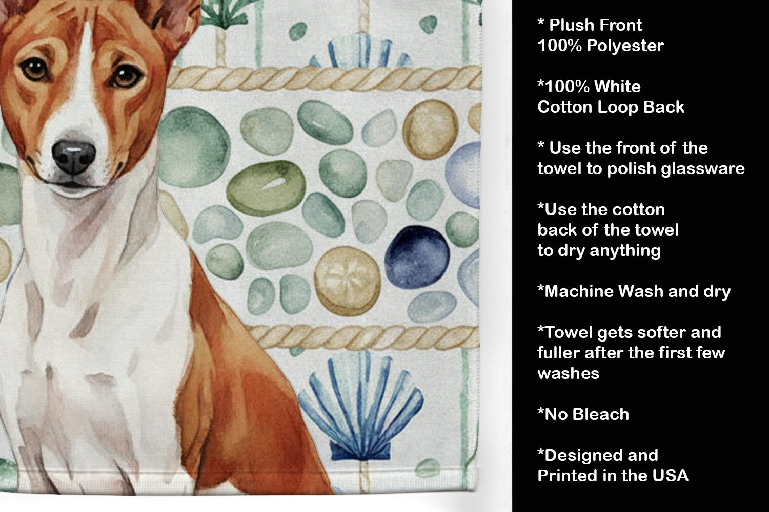Red and White Basenji Coastal Sea Glass Kitchen Towel Velour Plush Front and Cotton Loop Back Machine Washable
