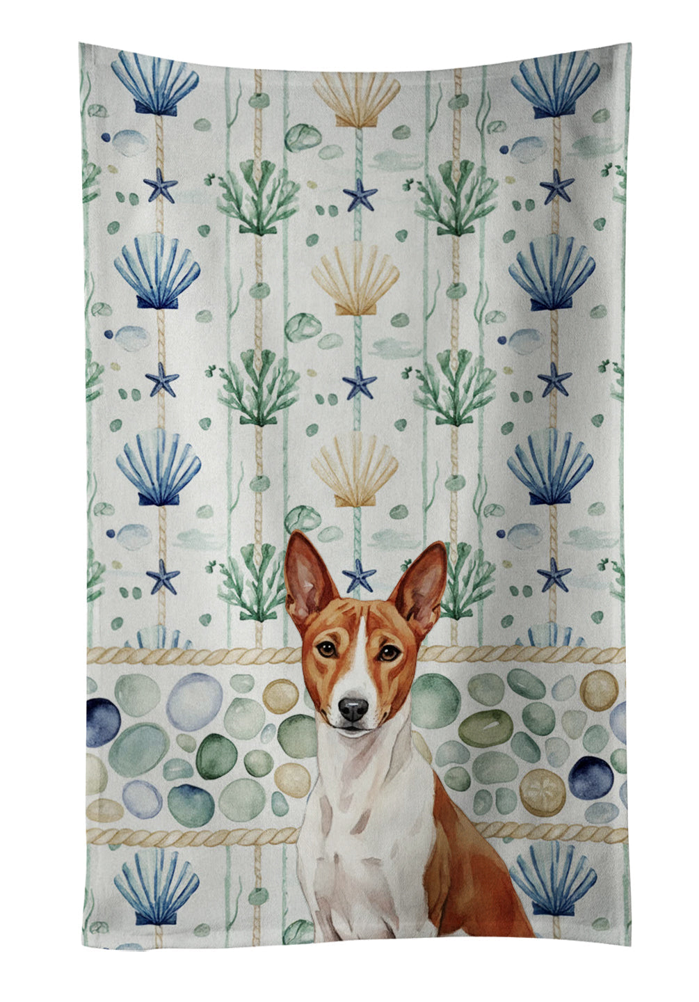 Red and White Basenji Coastal Sea Glass Kitchen Towel Velour Plush Front and Cotton Loop Back Machine Washable