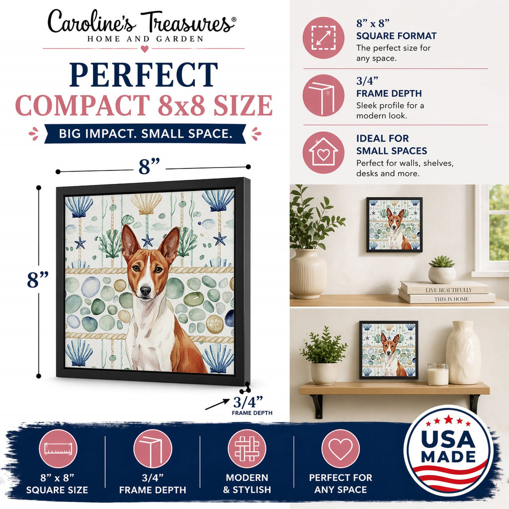 Red and White Basenji Coastal Sea Glass Framed Metal Print Bathroom, Kitchen, Office, Home Decor Wall Art Ready to Hang, Square, 8X8