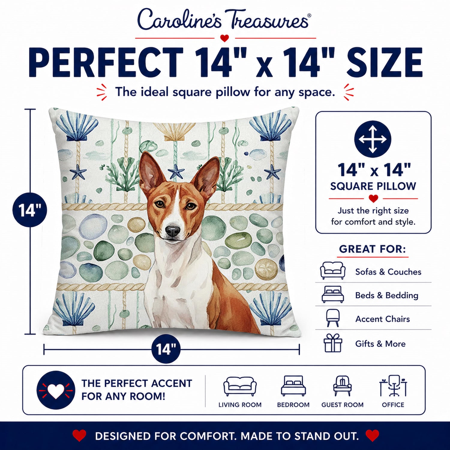 Red and White Basenji Coastal Sea Glass Decorative Throw Pillow 14x14 Indoor Outdoor Accent Cushion, Fabric Cover with Insert for Sofa, Bed, Porch & Living Room