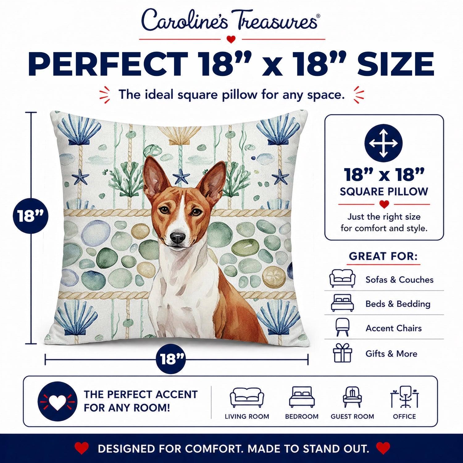 Red and White Basenji Coastal Sea Glass Decorative Throw Pillow 18x18 Indoor Outdoor Accent Cushion, Fabric Cover with Insert for Sofa, Bed, Porch & Living Room