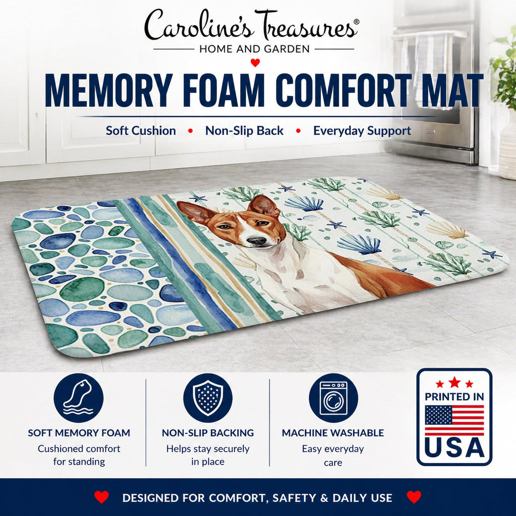 Red and White Basenji Coastal Sea Glass Memory Foam Kitchen Mat Machine Washable Anti-Fatigue Cushion Comfort Bath or Kitchen Rug