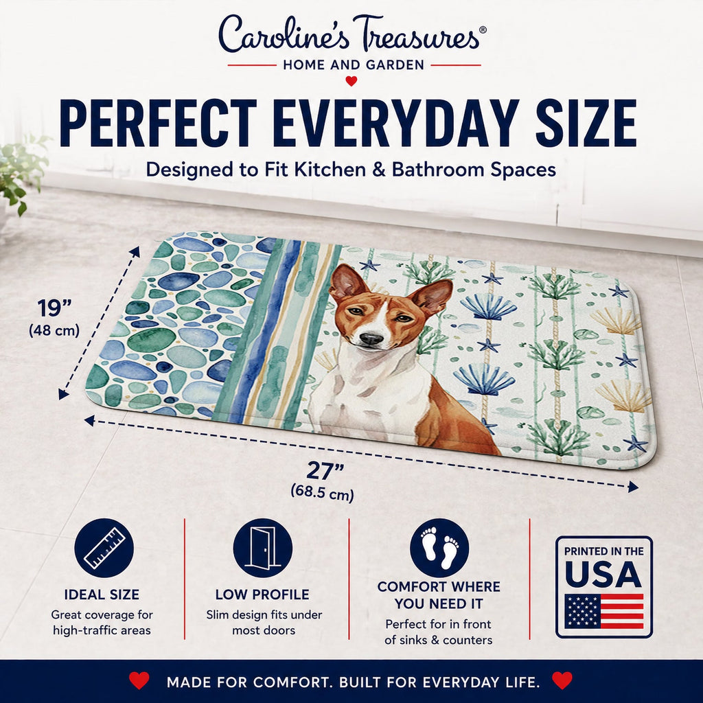 Red and White Basenji Coastal Sea Glass Memory Foam Kitchen Mat Machine Washable Anti-Fatigue Cushion Comfort Bath or Kitchen Rug