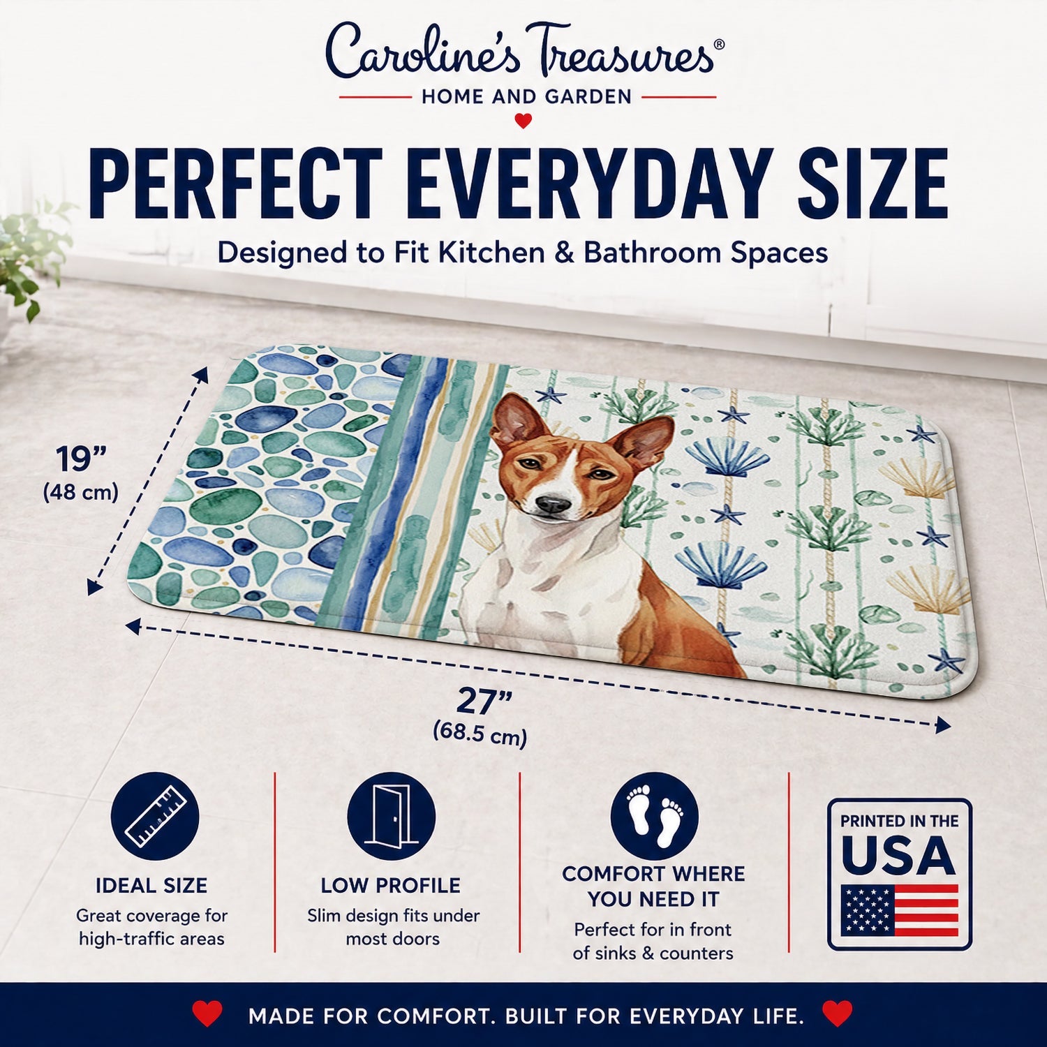 Red and White Basenji Coastal Sea Glass Memory Foam Kitchen Mat Machine Washable Anti-Fatigue Cushion Comfort Bath or Kitchen Rug