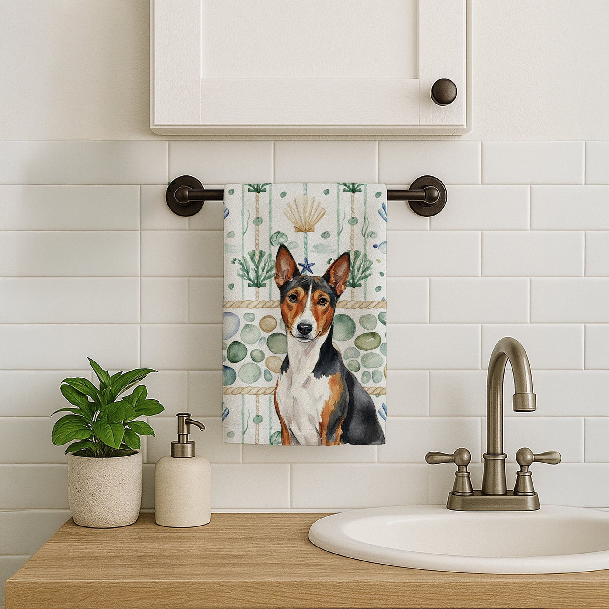 Tricolor and White Basenji Coastal Sea Glass Kitchen Towel Velour Plush Front and Cotton Loop Back Machine Washable