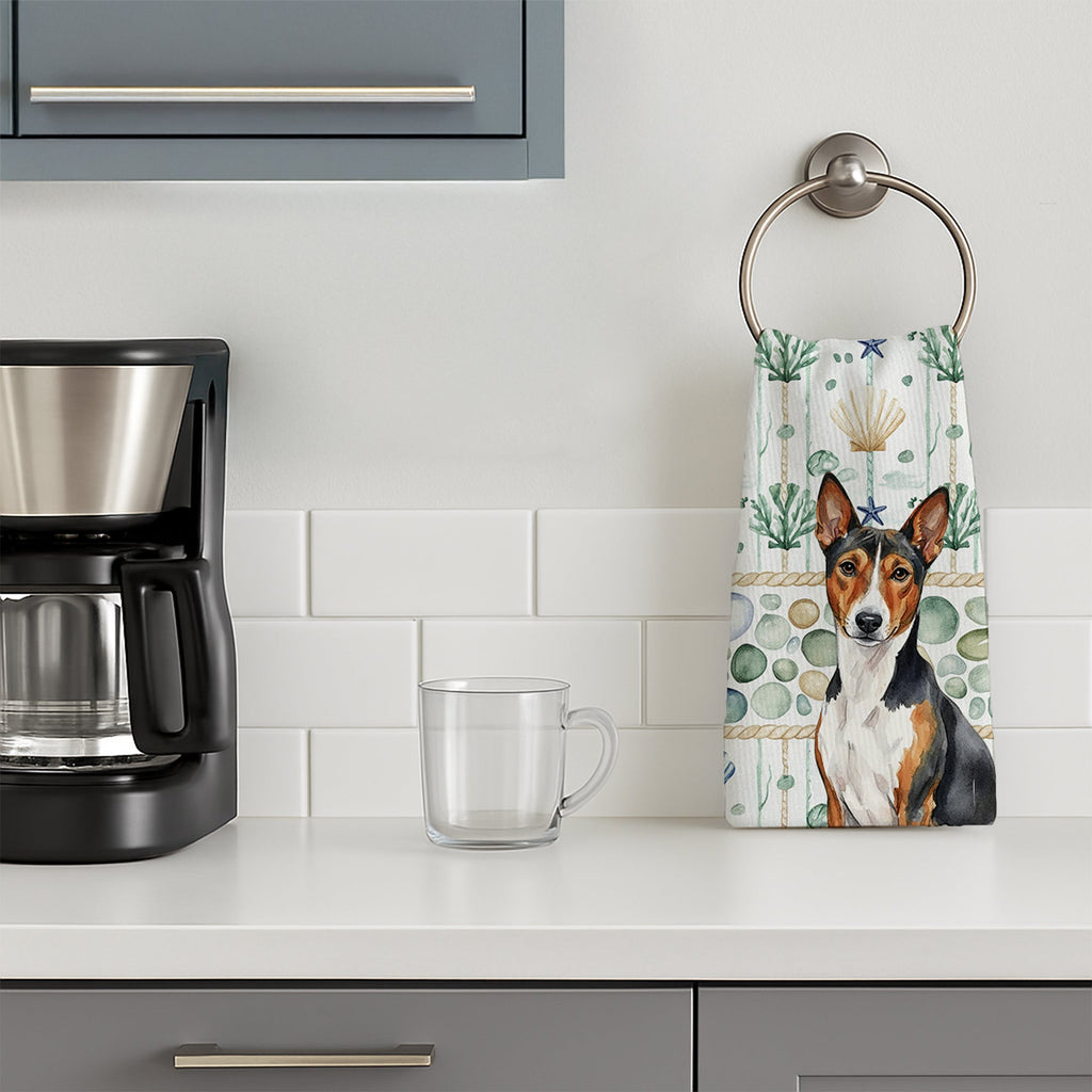 Tricolor and White Basenji Coastal Sea Glass Kitchen Towel Velour Plush Front and Cotton Loop Back Machine Washable