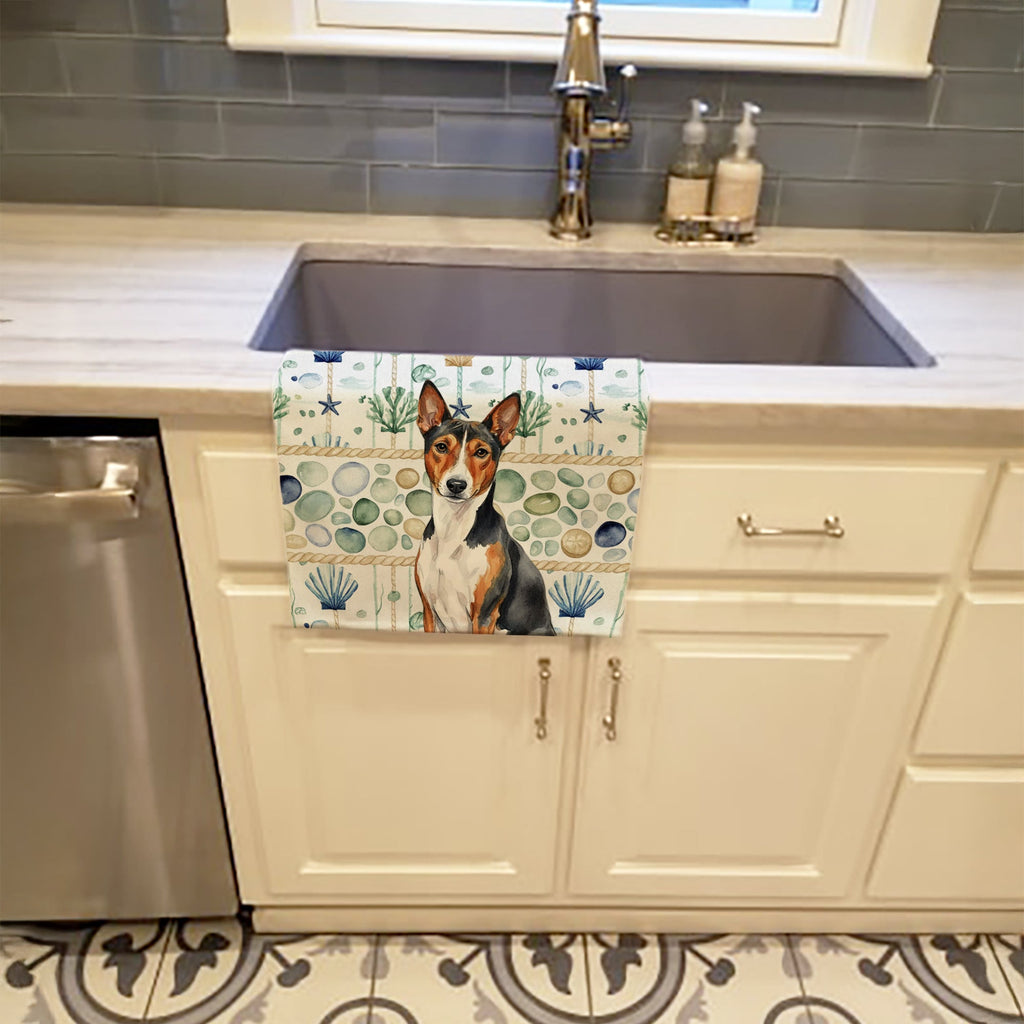 Tricolor and White Basenji Coastal Sea Glass Kitchen Towel Velour Plush Front and Cotton Loop Back Machine Washable